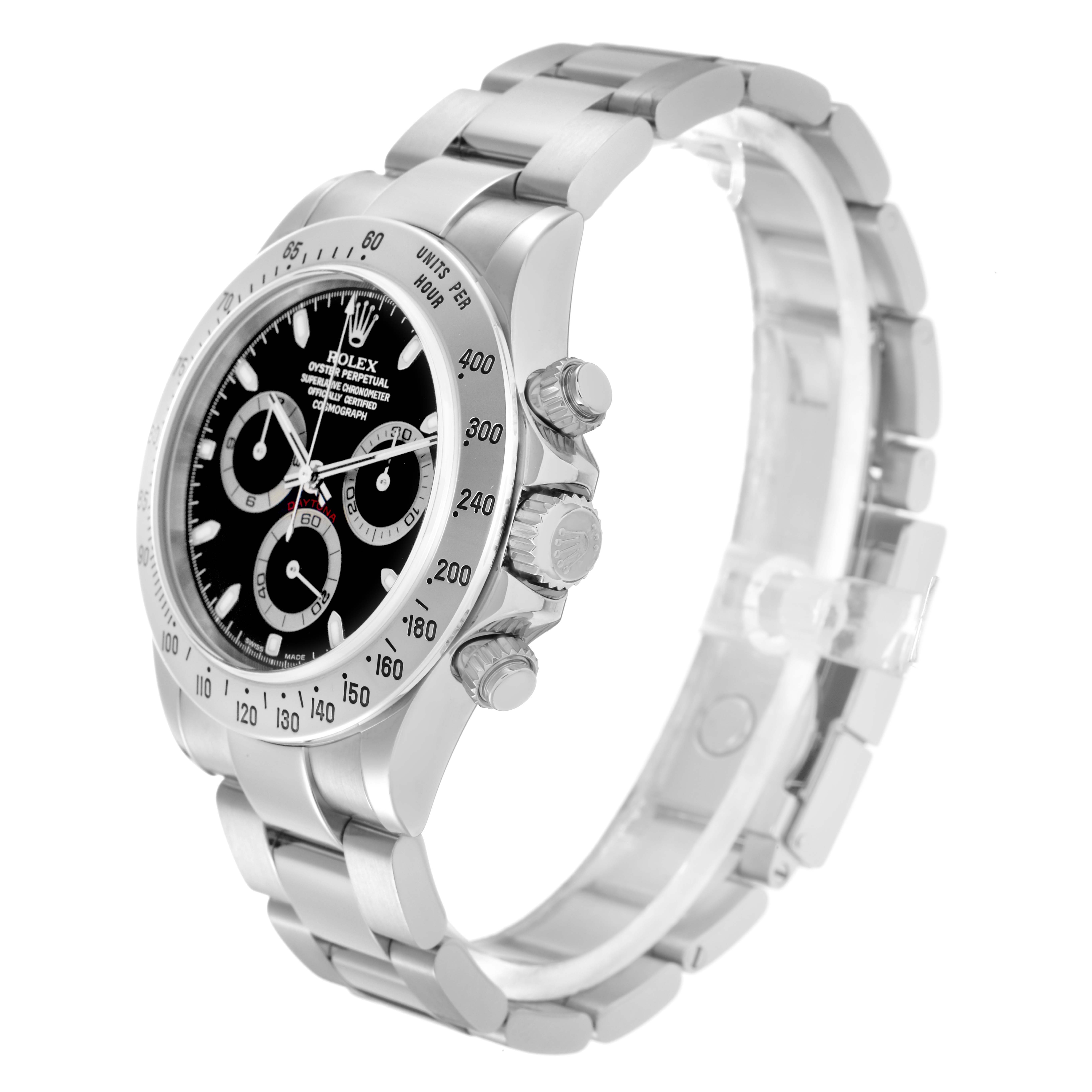 The Rolex Daytona 116520 Men's Stainless Steel Black Dial 116520 Men's Stainless Steel Black Dial watch is shown at a three-quarter angle, highlighting the bezel, dial, and side crown.