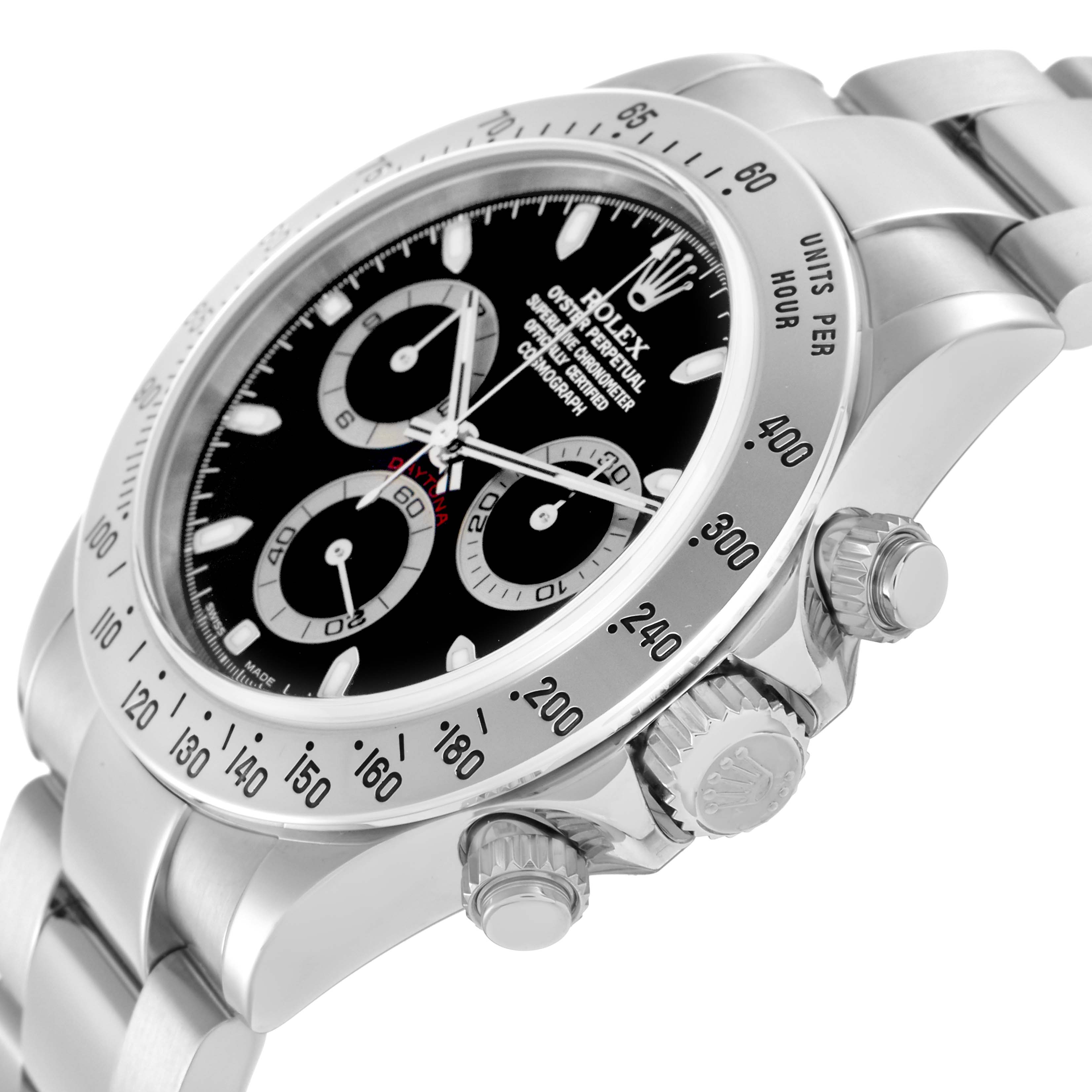 The Rolex Daytona 116520 Men's Stainless Steel Black Dial 116520 Men's Stainless Steel Black Dial watch is shown from an angled side view, highlighting the bezel, dial, and chronograph pushers.