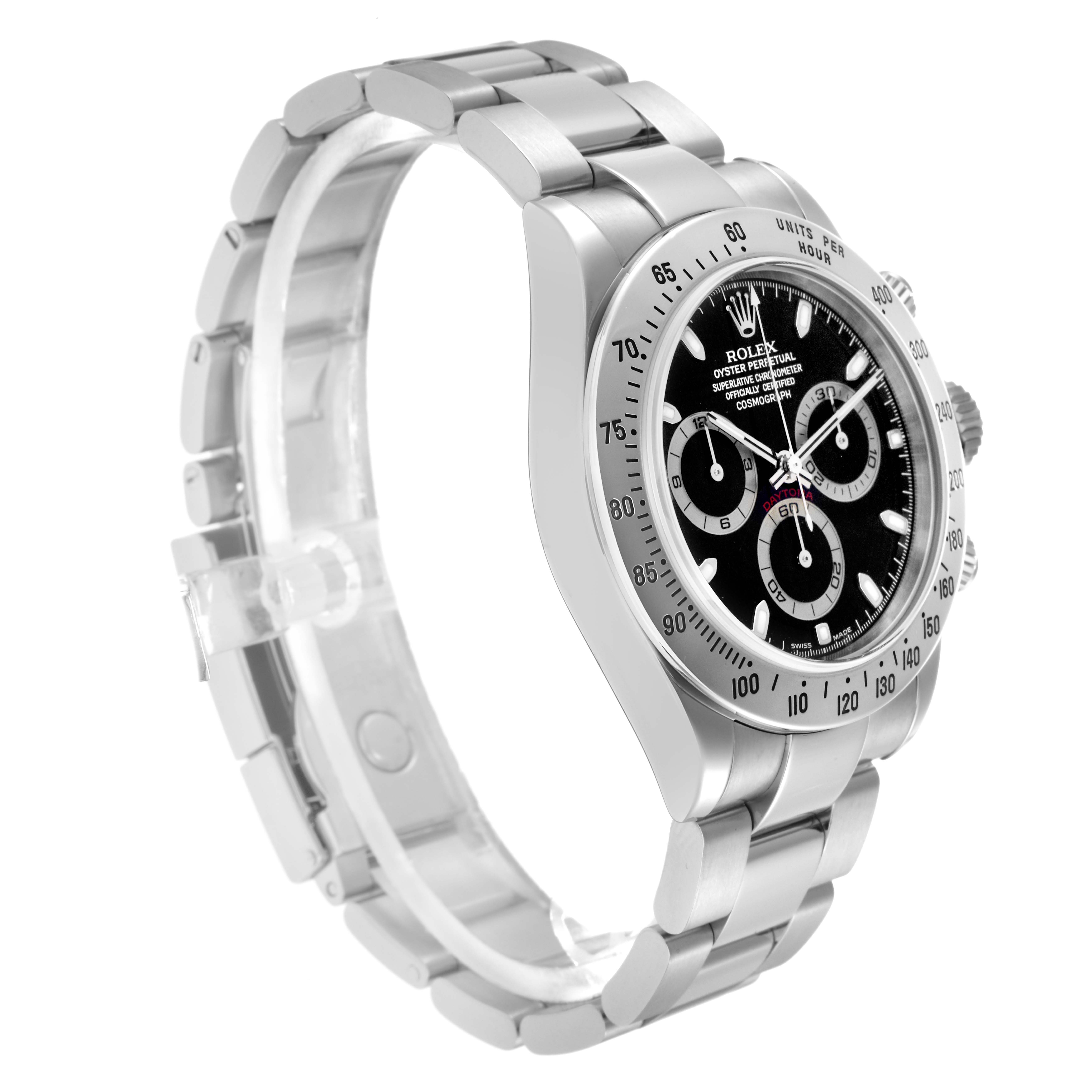 The Rolex Daytona 116520 Men's Stainless Steel Black Dial 116520 Men's Stainless Steel Black Dial watch is shown at a slight angle, highlighting the dial, bezel, and stainless steel bracelet.