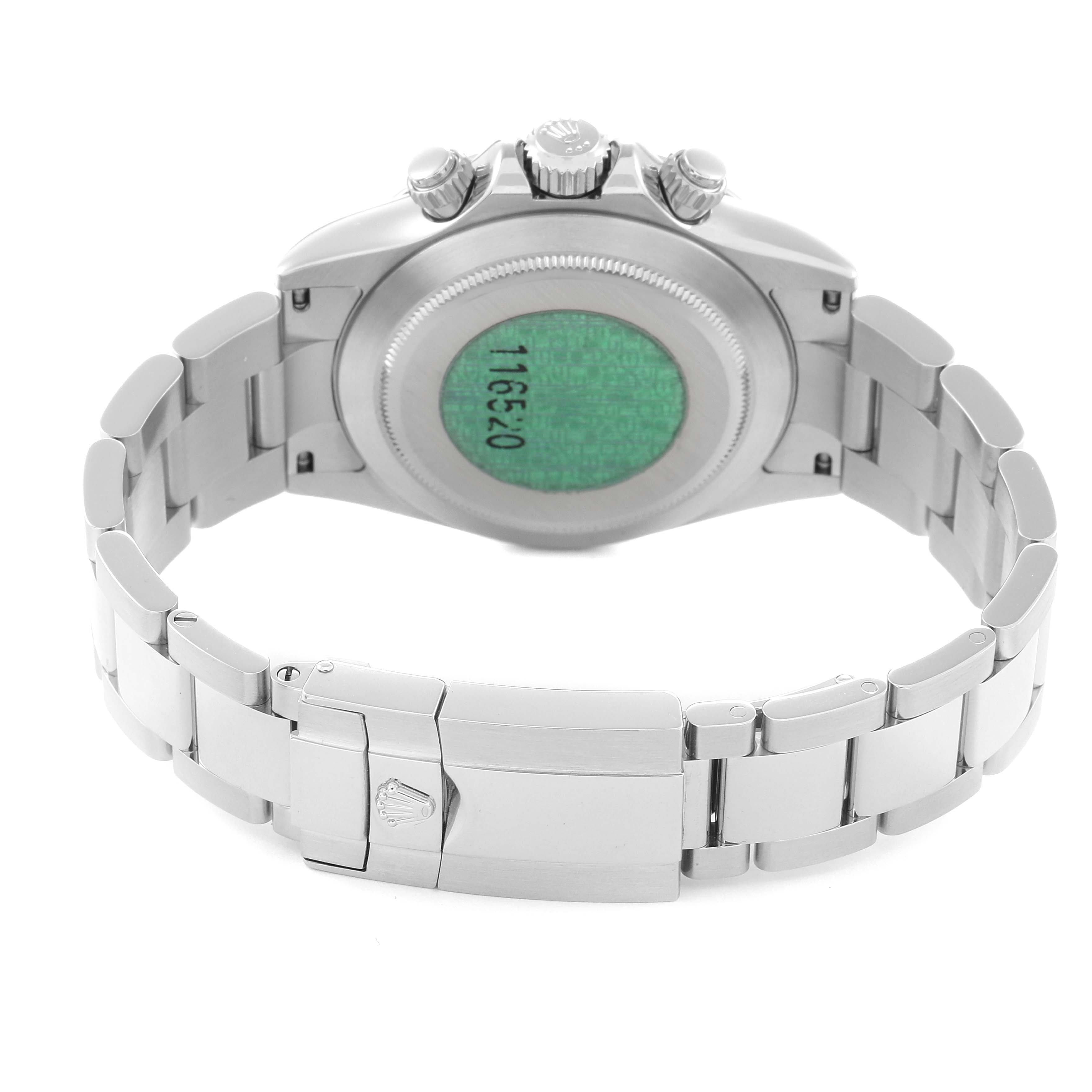 The image shows the case back and clasp of a Rolex Daytona 116520 Men's Stainless Steel Black Dial 116520 Men's Stainless Steel Black Dial watch, viewed from the rear.