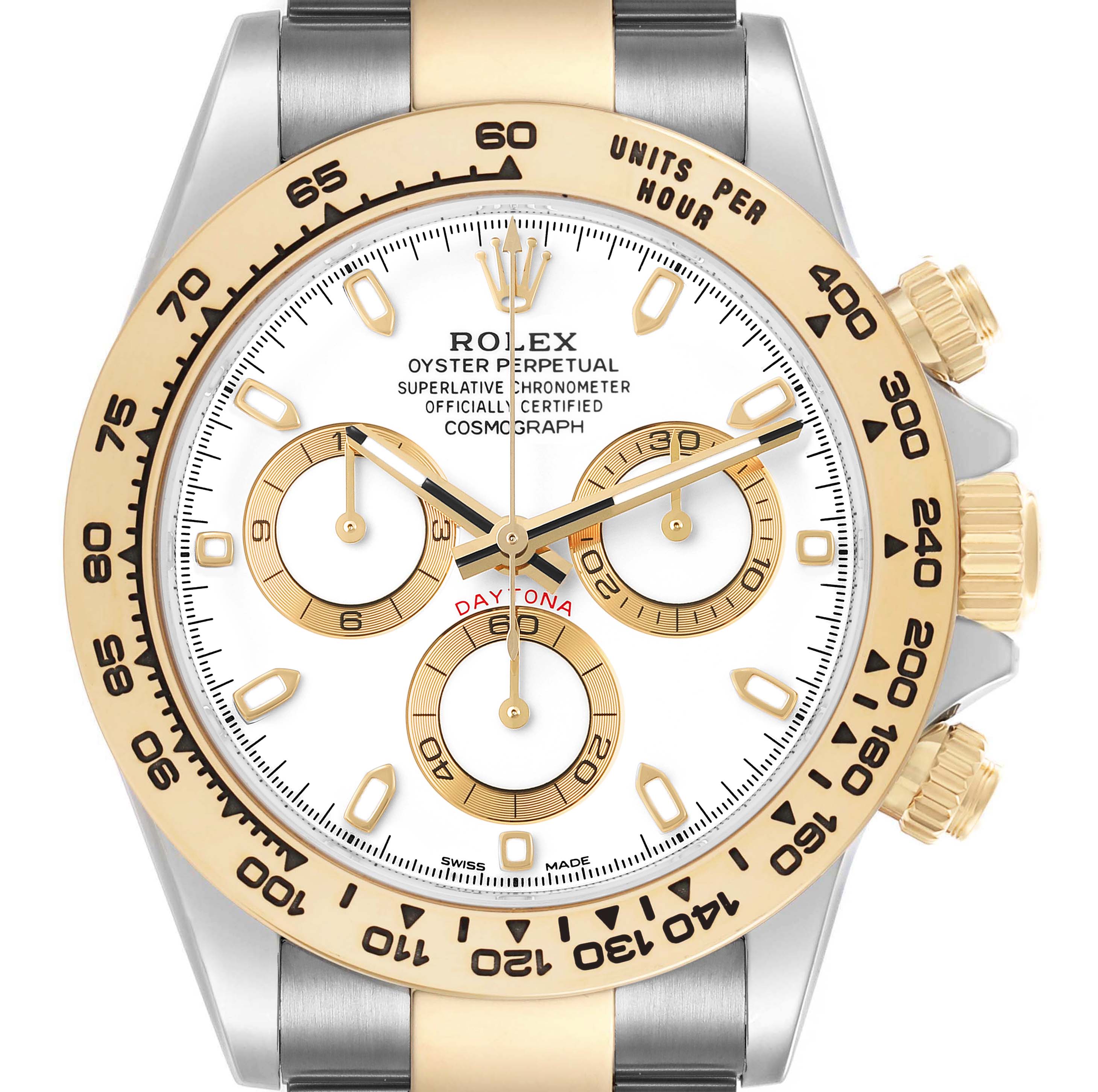 The Rolex Daytona 116503 Men's Steel and Gold (two tone) White Dial watch is shown from the front, displaying its bezel, dial, hour markers, and subdials.