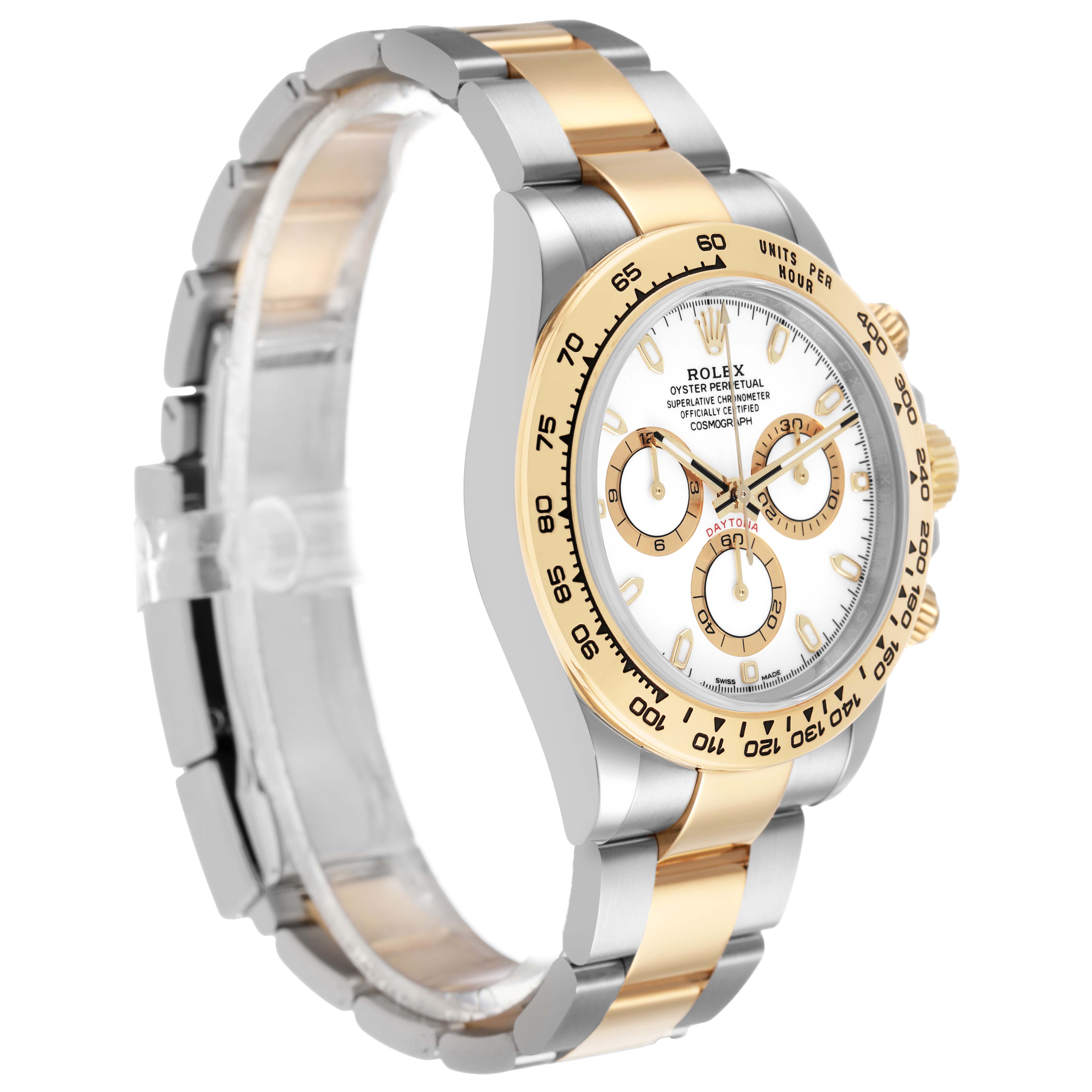 The Rolex Daytona 116503 Men's Steel and Gold (two tone) White Dial watch is shown at a side angle, displaying its gold and silver bracelet, bezel, and dial.