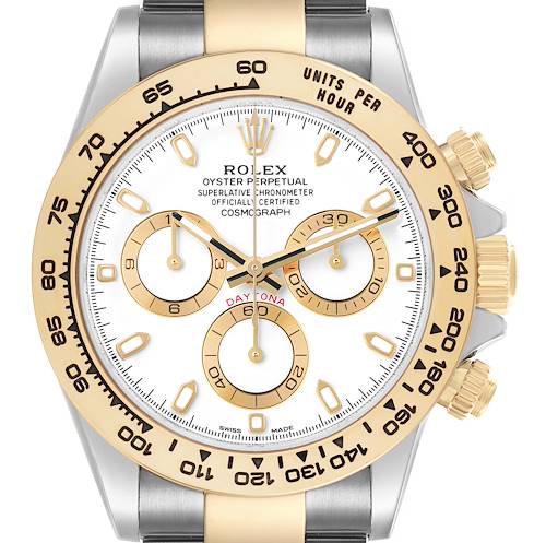 The Rolex Daytona 116503 Men's Steel and Gold (two tone) White Dial watch is shown in a front view, highlighting the dial, bezel, and partial bracelet.