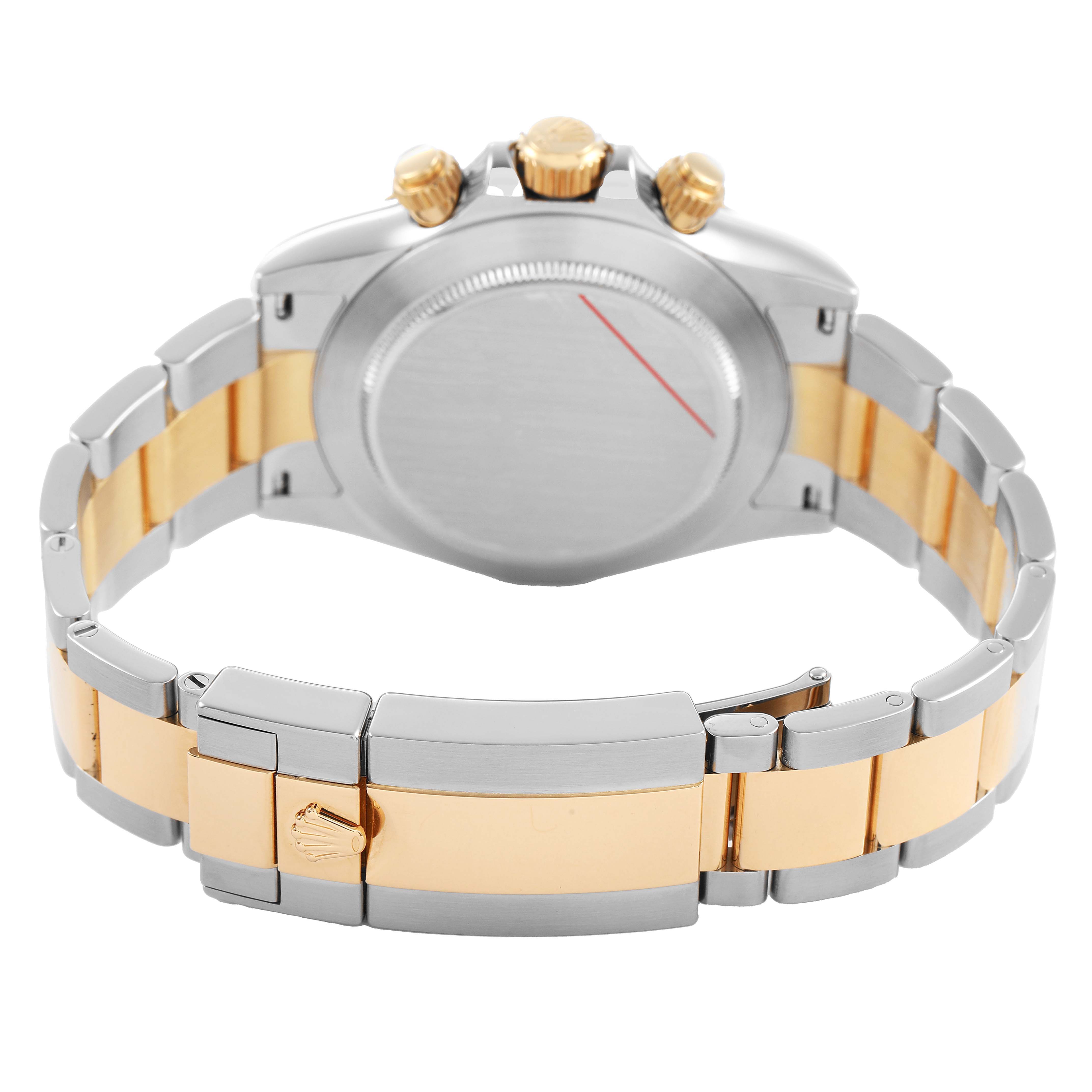 The image shows the back and bracelet of a Rolex Daytona 116503 Men's Steel and Gold (two tone) White Dial, highlighting the clasp and gold accents.