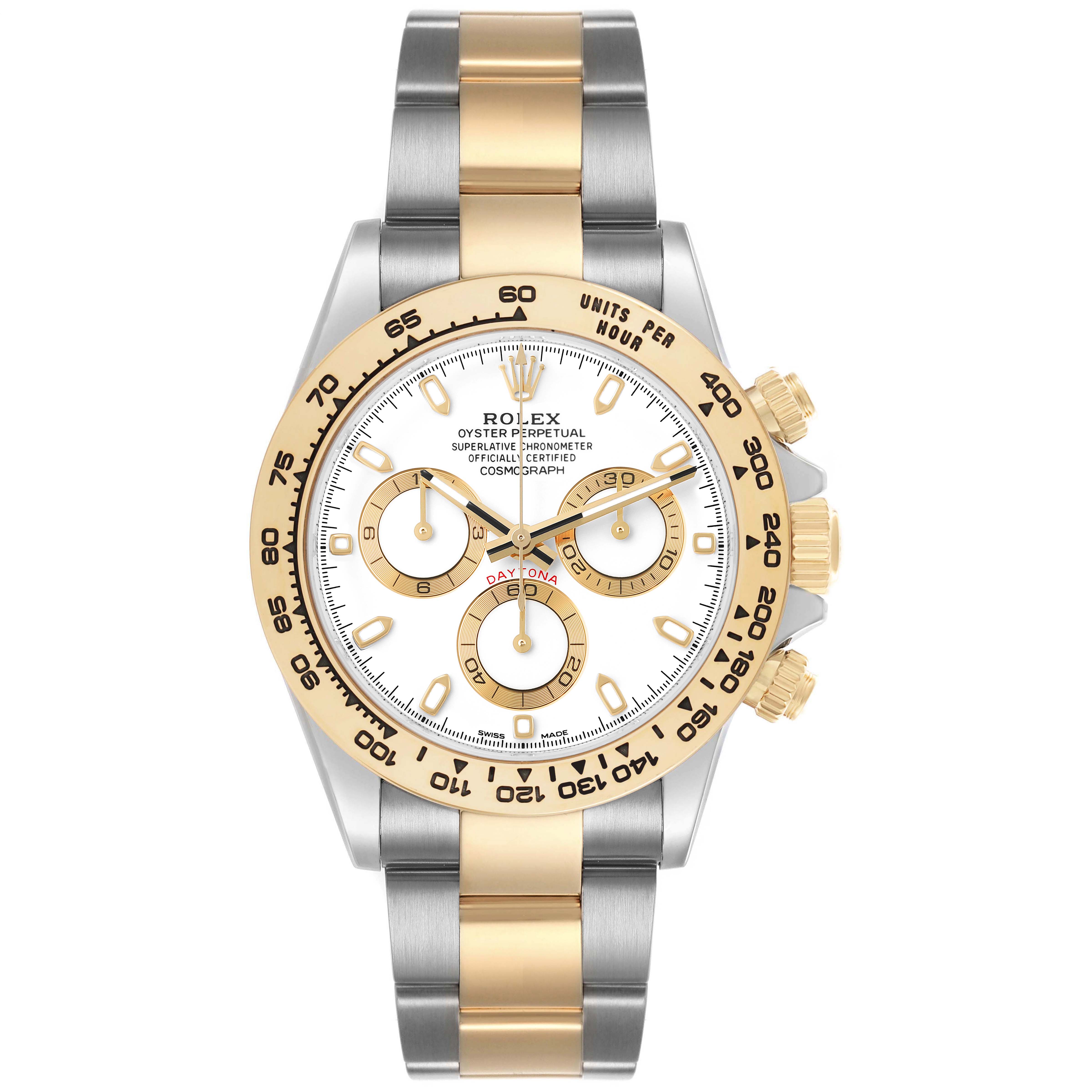 The Rolex Daytona 116503 Men's Steel and Gold (two tone) White Dial watch is shown from a front angle, highlighting its dial, bezel, and bracelet.