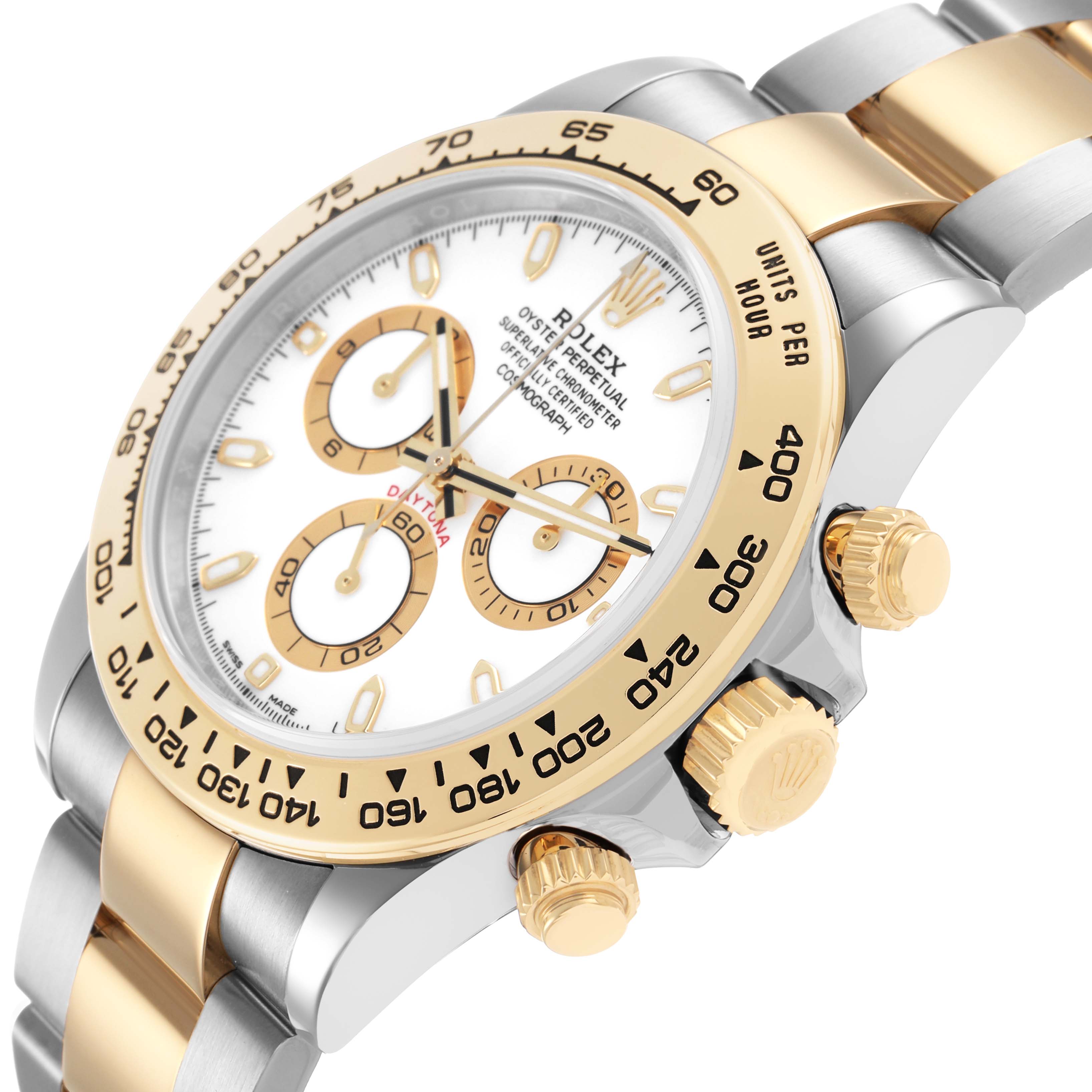 This image shows a Rolex Daytona 116503 Men's Steel and Gold (two tone) White Dial watch from a side angle, highlighting the bezel, crown, pushers, and part of the bracelet.