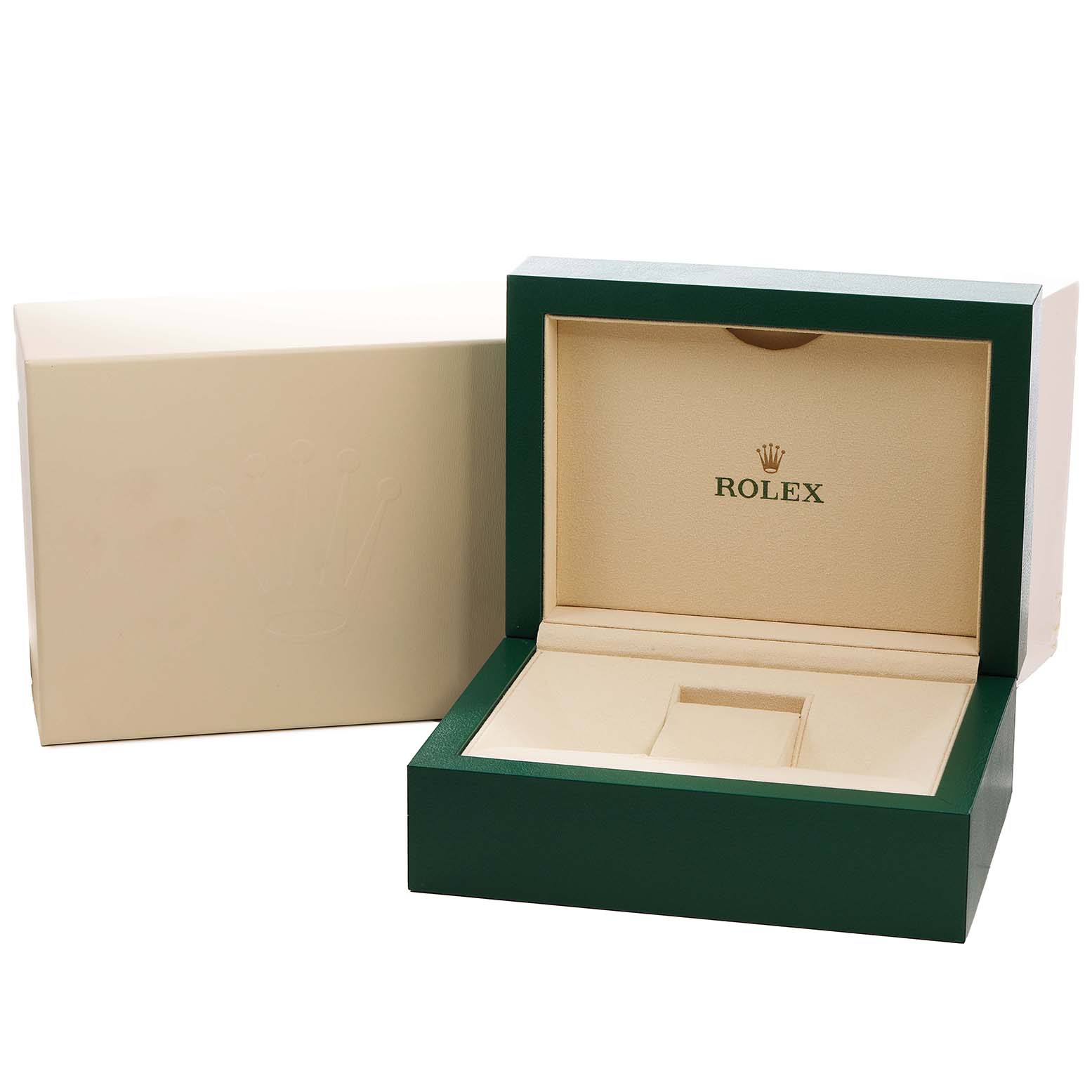 The image shows an empty Rolex Daytona 116503 Men's Steel and Gold (two tone) White Dial watch box from an angled perspective, highlighting its exterior and interior.