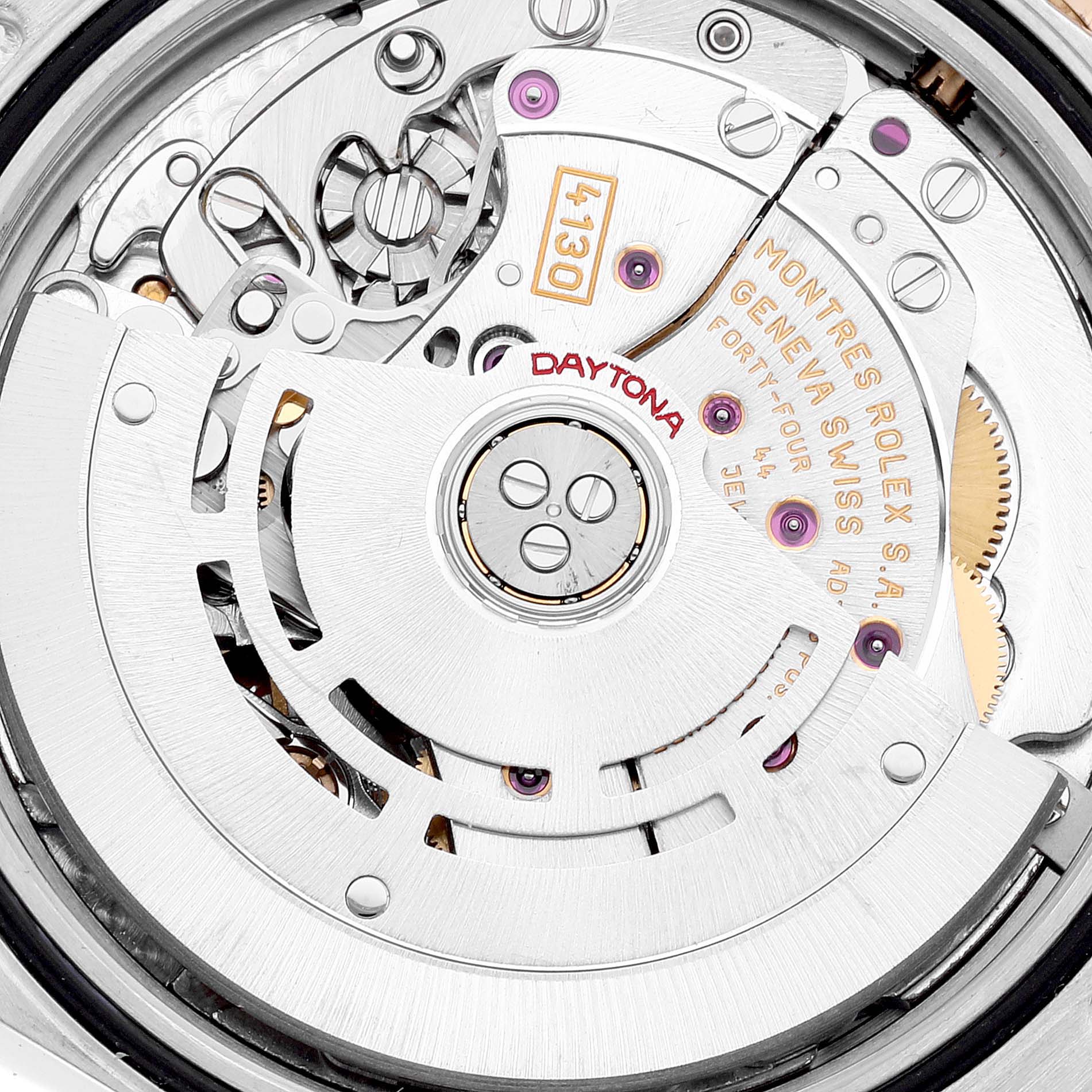 The image shows the intricate movement components of a Rolex Daytona 116523 Men
s Steel and Gold (two tone) White Dial 116523 Men
s Steel and Gold (two tone) White Dial watch viewed from the back.