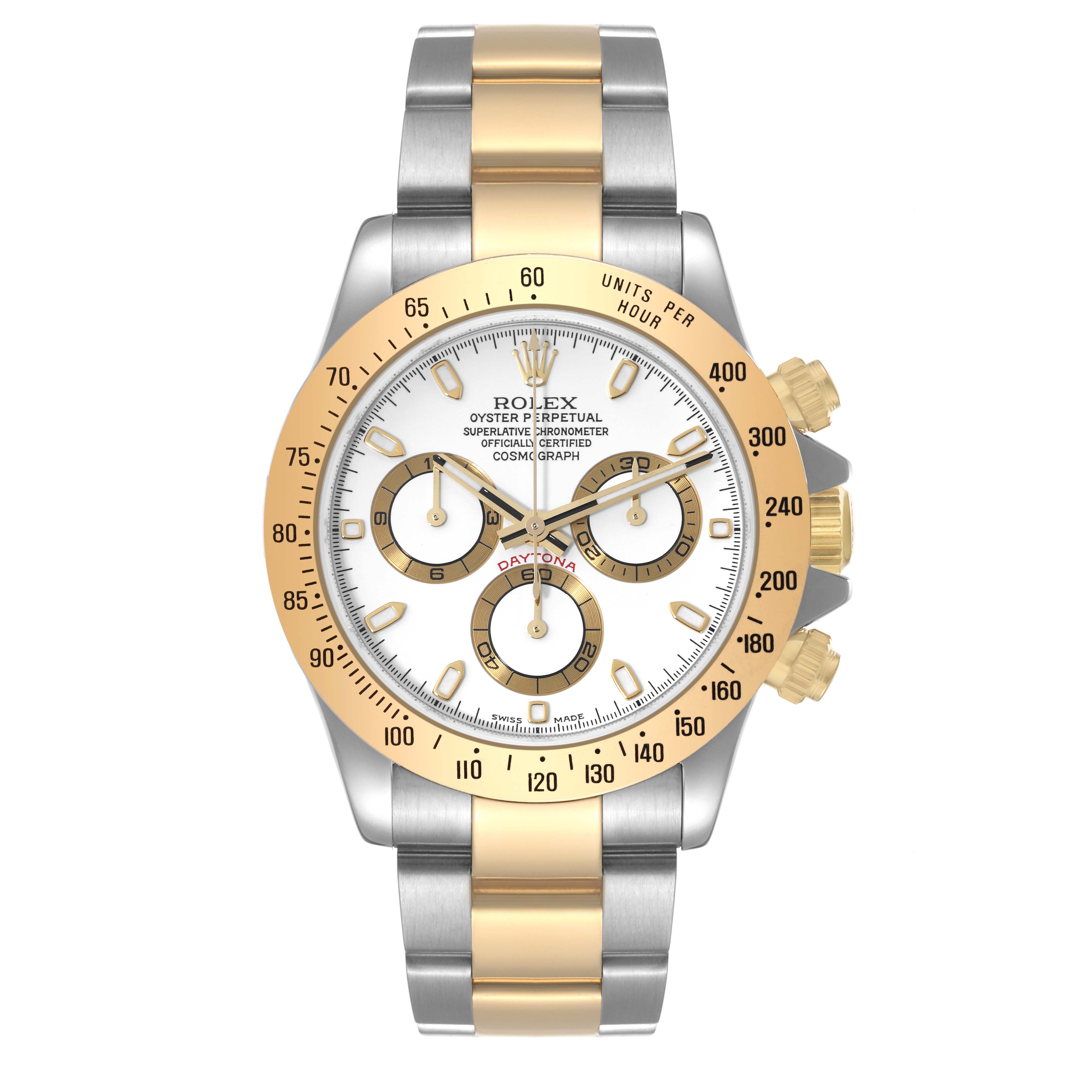 This Rolex Daytona 116523 Men
s Steel and Gold (two tone) White Dial 116523 Men
s Steel and Gold (two tone) White Dial watch is shown from a front angle, highlighting its bezel, dial, crown, pushers, and bracelet.