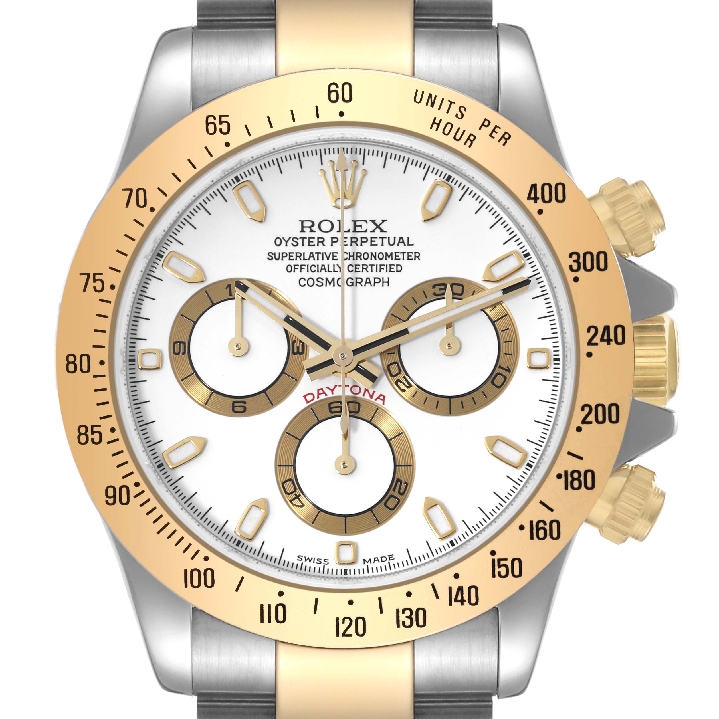 The image shows a front view of a Rolex Daytona 116523 Men
s Steel and Gold (two tone) White Dial 116523 Men
s Steel and Gold (two tone) White Dial watch, highlighting the face, bezel, sub-dials, and pushers.