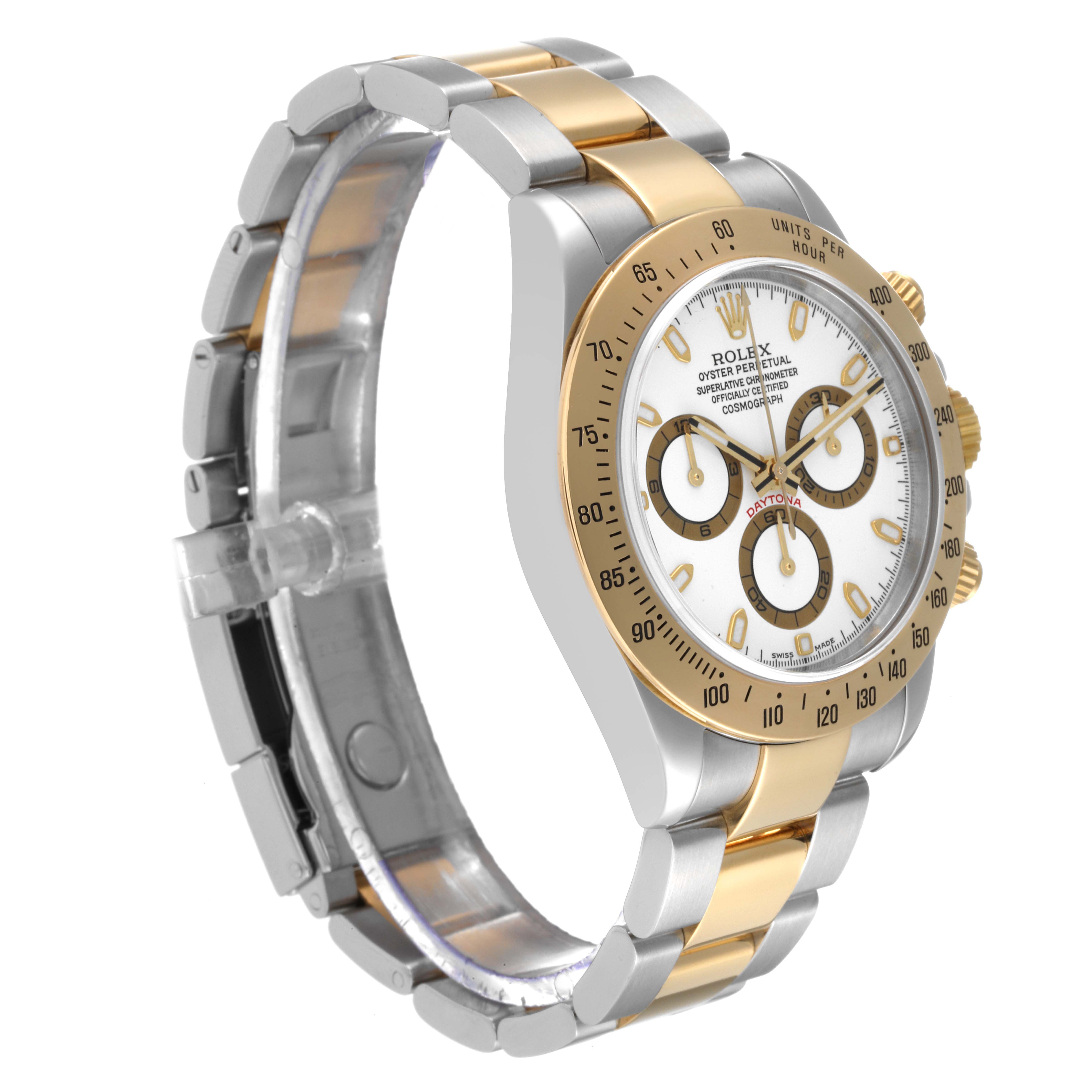 This image shows a side angle of the Rolex Daytona 116523 Men
s Steel and Gold (two tone) White Dial 116523 Men
s Steel and Gold (two tone) White Dial watch, highlighting the face, bezel, and bracelet.