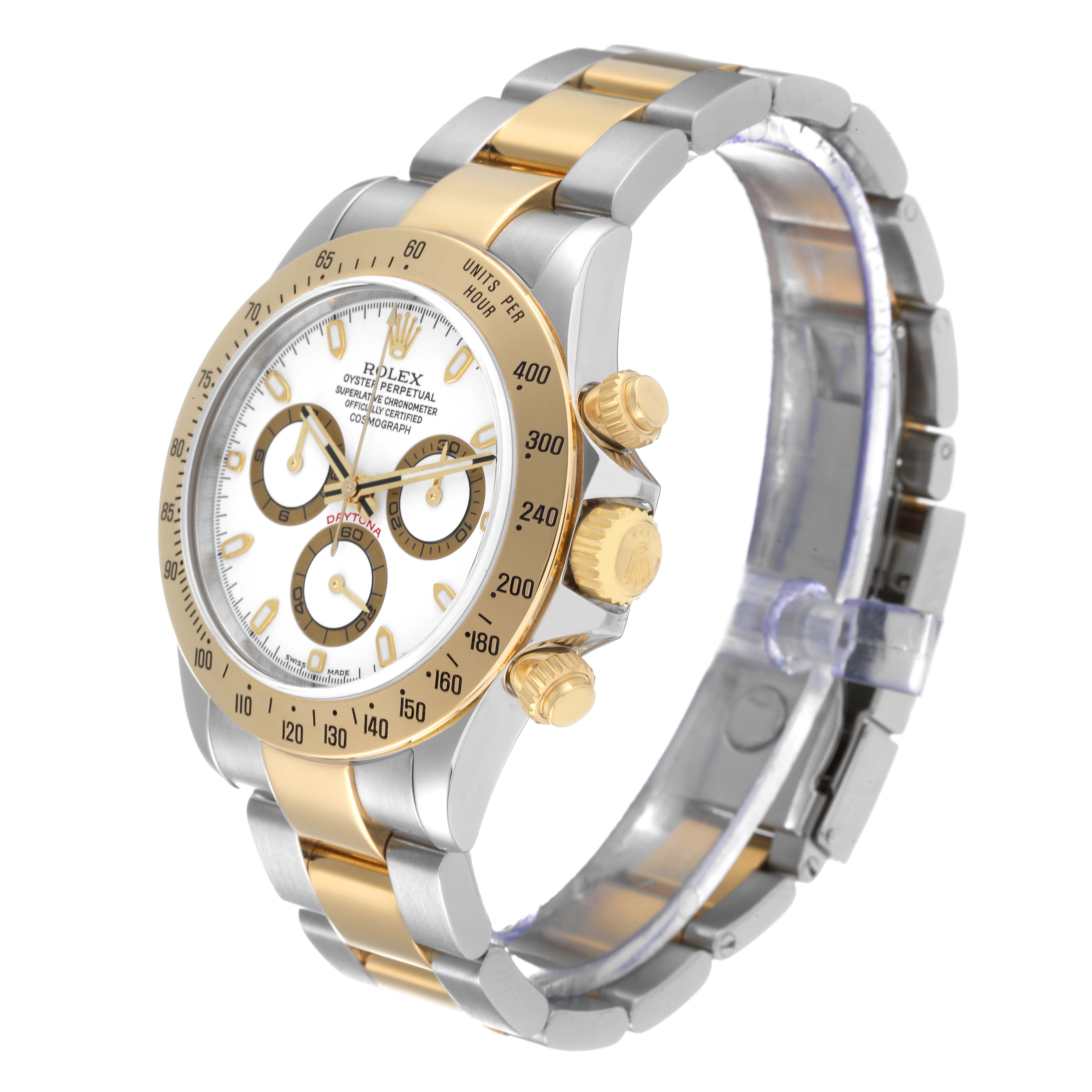 The image shows a Rolex Daytona 116523 Men
s Steel and Gold (two tone) White Dial 116523 Men
s Steel and Gold (two tone) White Dial watch at an angle highlighting its gold and silver bracelet, dial, bezel, and chronograph pushers.