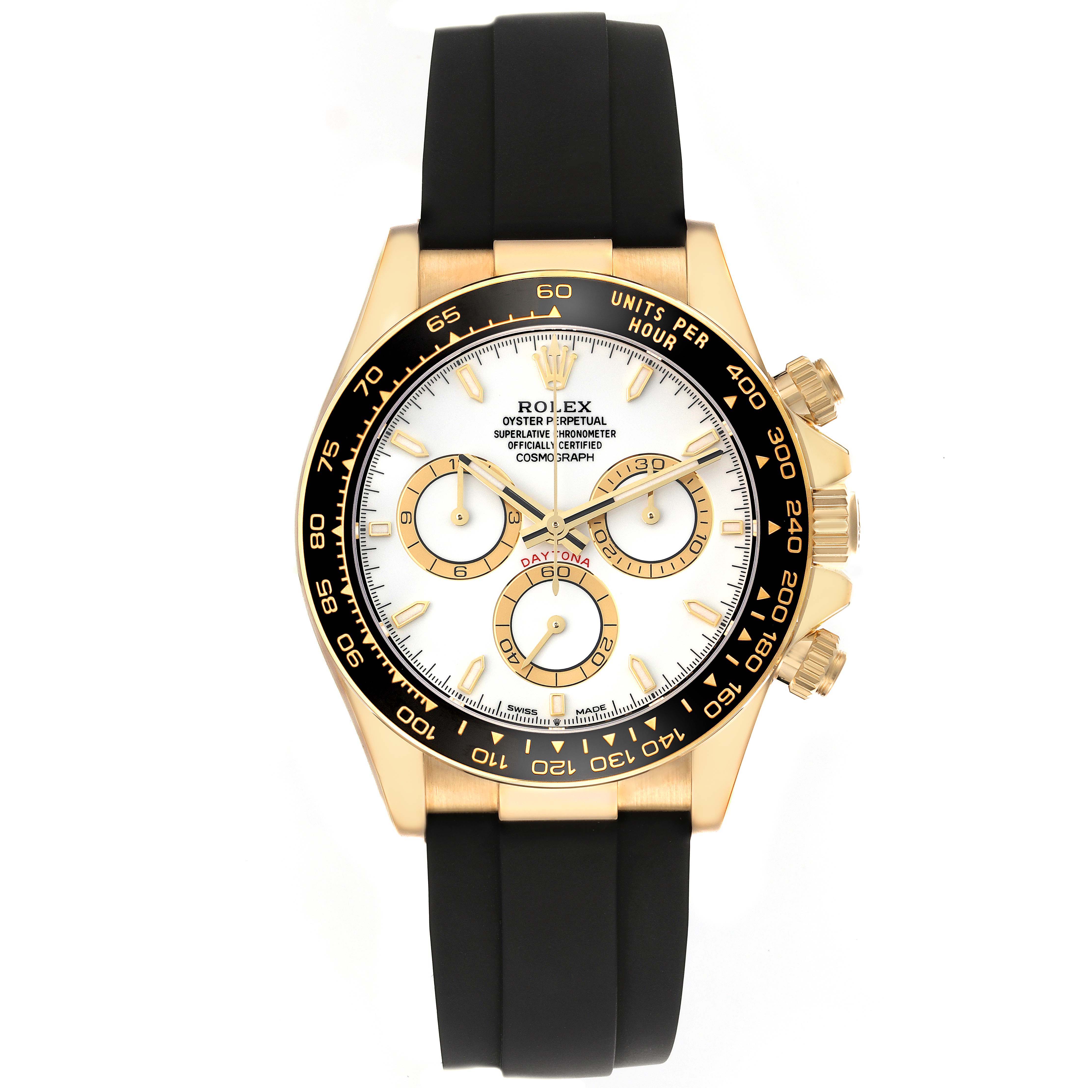 The Rolex Daytona 126518 Men
s Yellow Gold White Dial watch is shown from the front, displaying its dial, bezel, crown, and black strap.