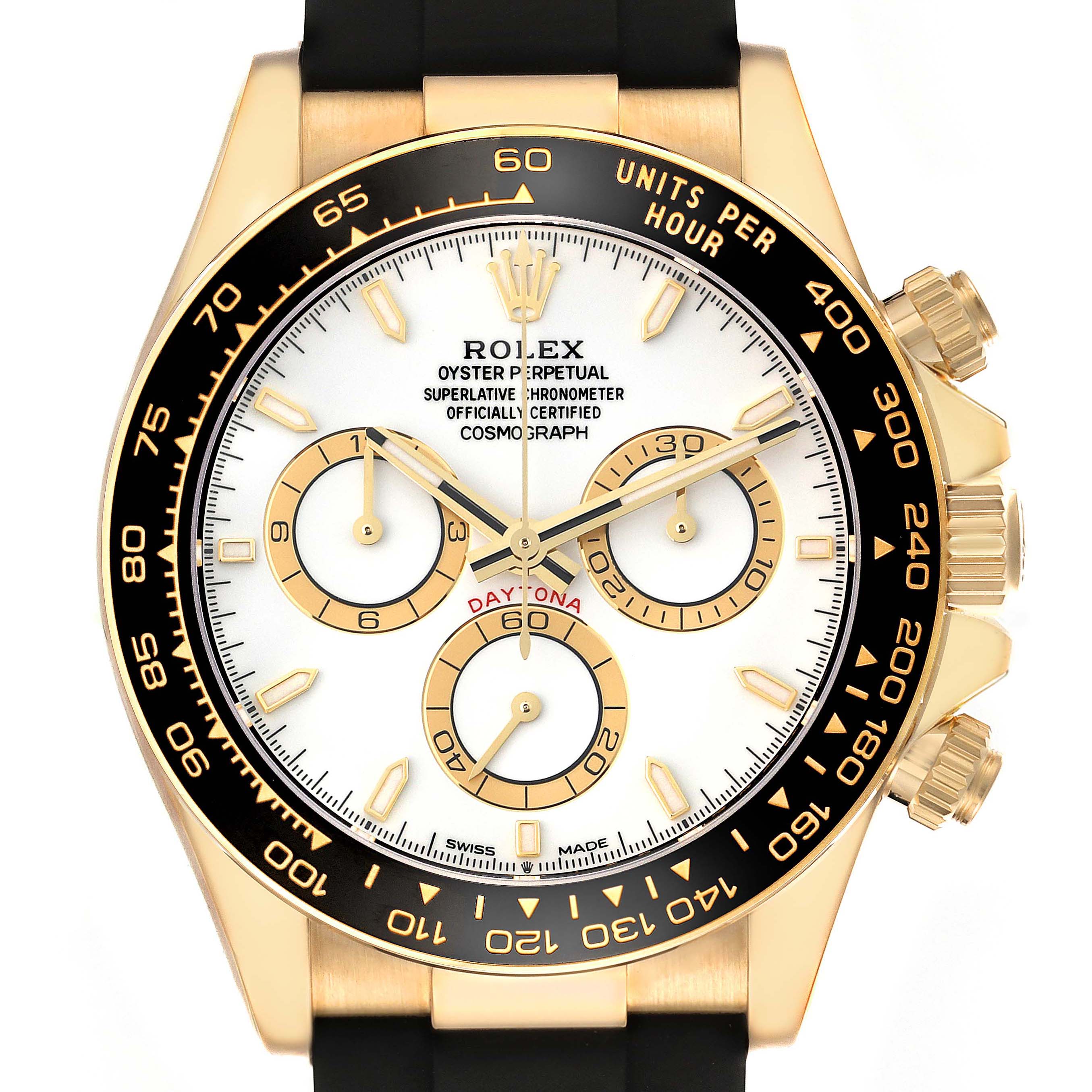 The image shows a front view of a Rolex Daytona 126518 Men
s Yellow Gold White Dial watch, highlighting its bezel, subdials, and crown.