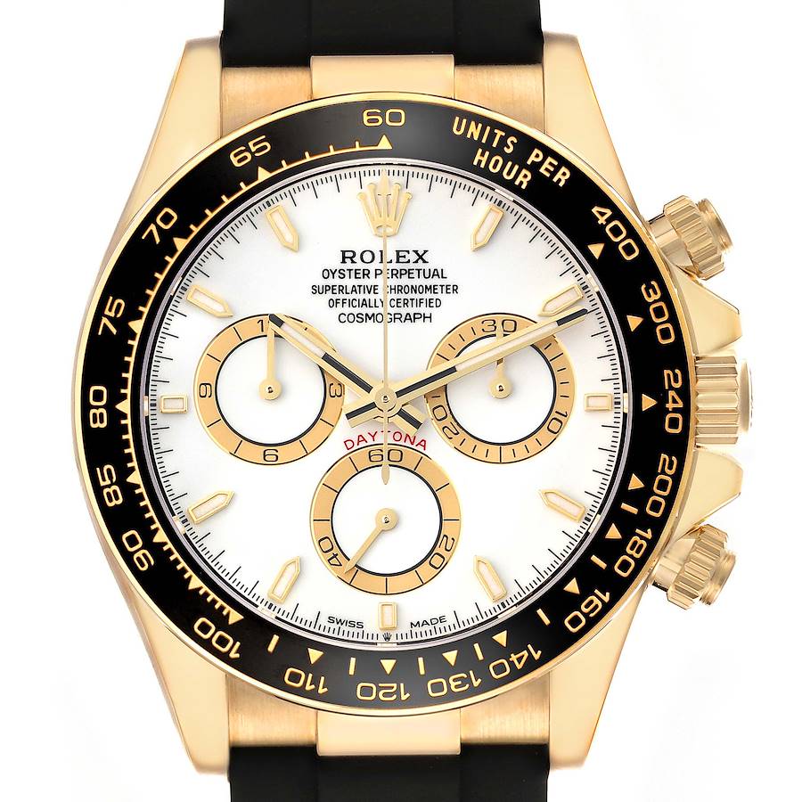 The image shows a front view of a Rolex Daytona 126518 Men's Yellow Gold White Dial watch, highlighting its bezel, subdials, and crown.