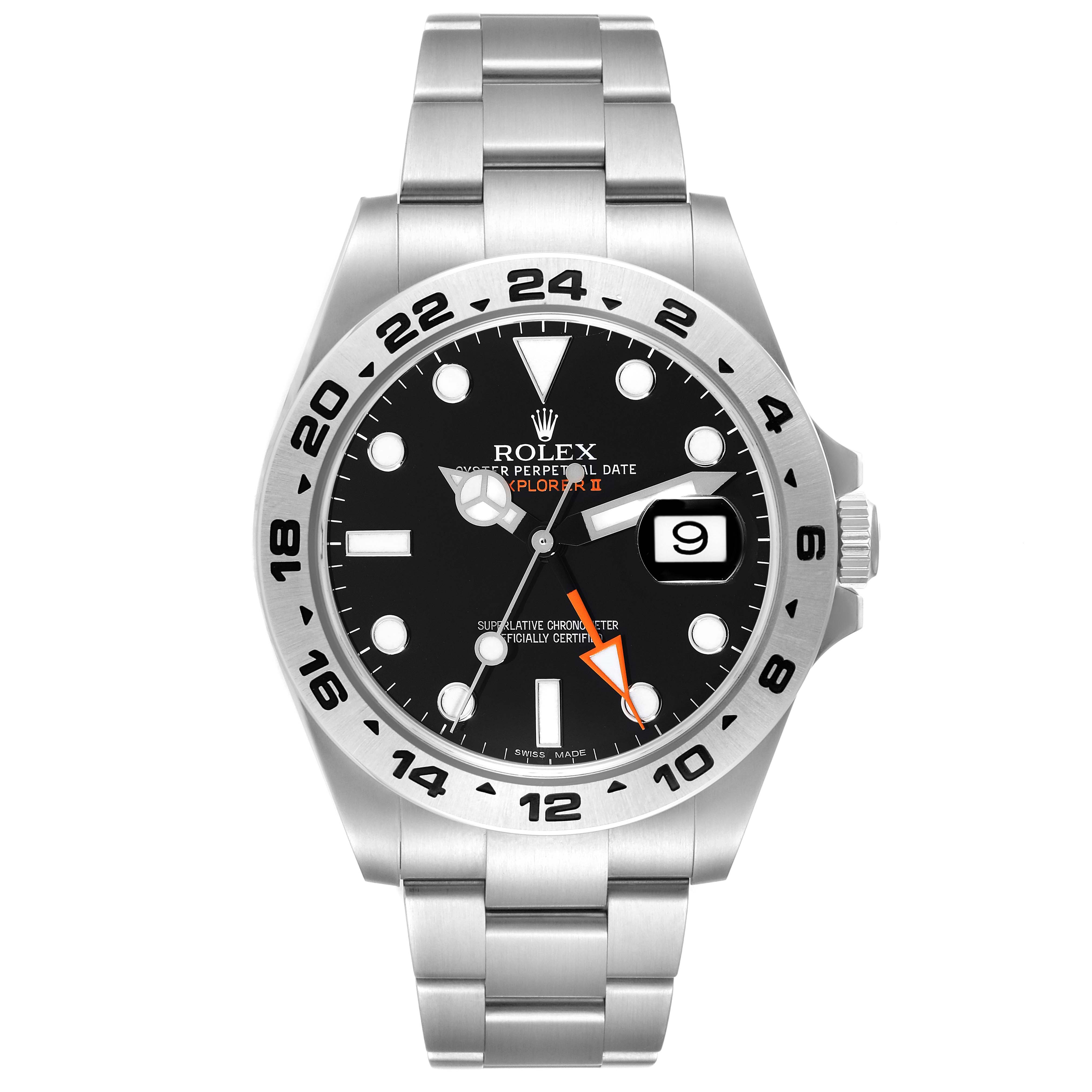 This is a front view of a Rolex Explorer 216570 Men's Stainless Steel Black Dial 216570 Men's Stainless Steel Black Dial watch, showing the dial, bezel, bracelet, and crown.