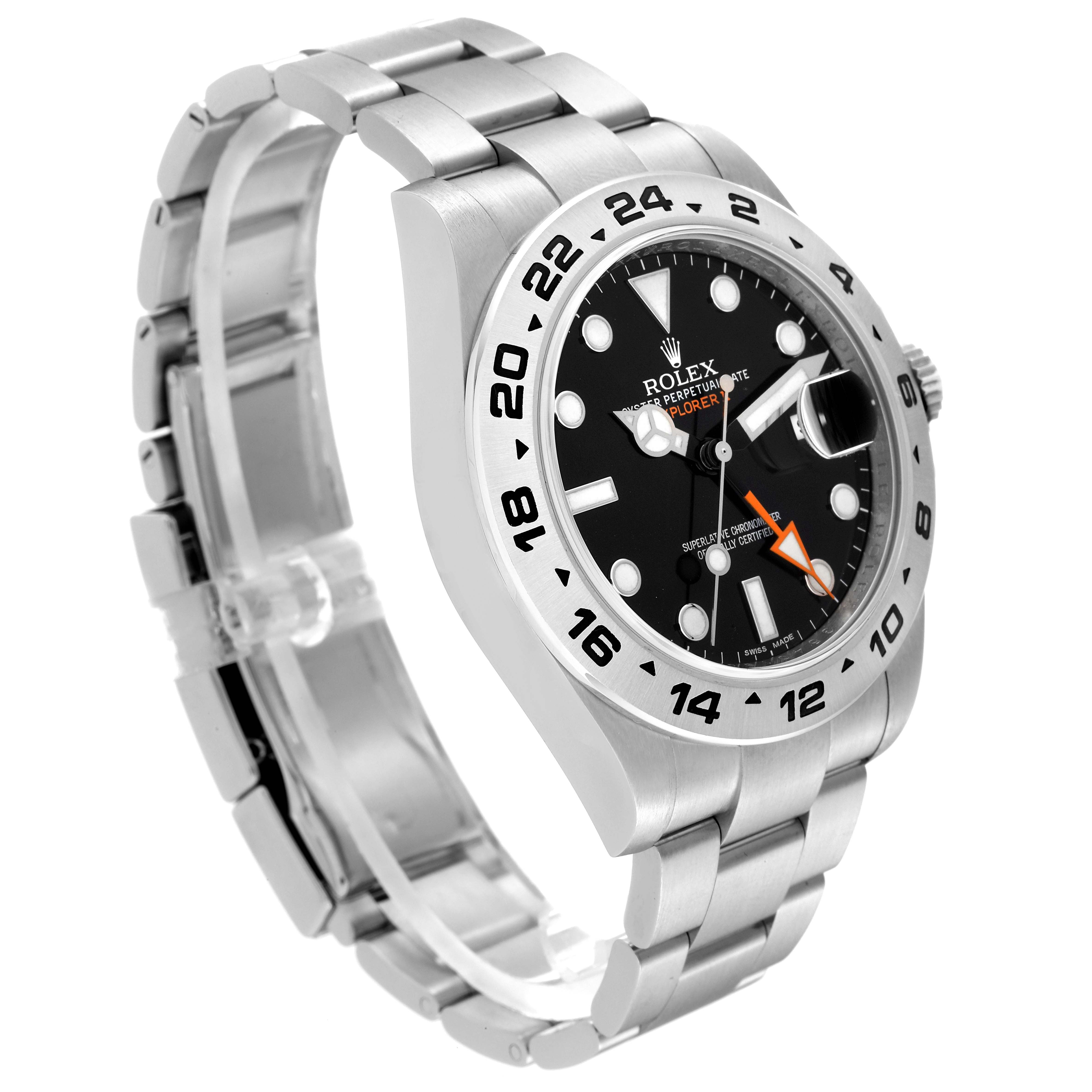 The image shows a side and front angle of a Rolex Explorer 216570 Men's Stainless Steel Black Dial 216570 Men's Stainless Steel Black Dial model, highlighting its black dial, bezel, and bracelet.