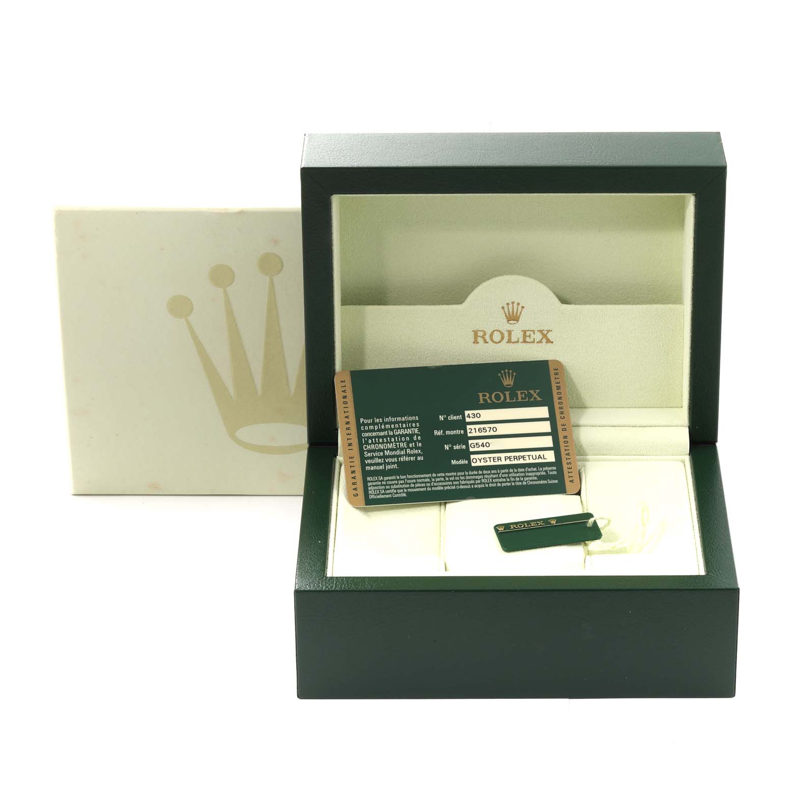 The image shows the packaging, warranty card, and card holder for the Rolex Explorer 216570 Men's Stainless Steel Black Dial 216570 Men's Stainless Steel Black Dial watch.