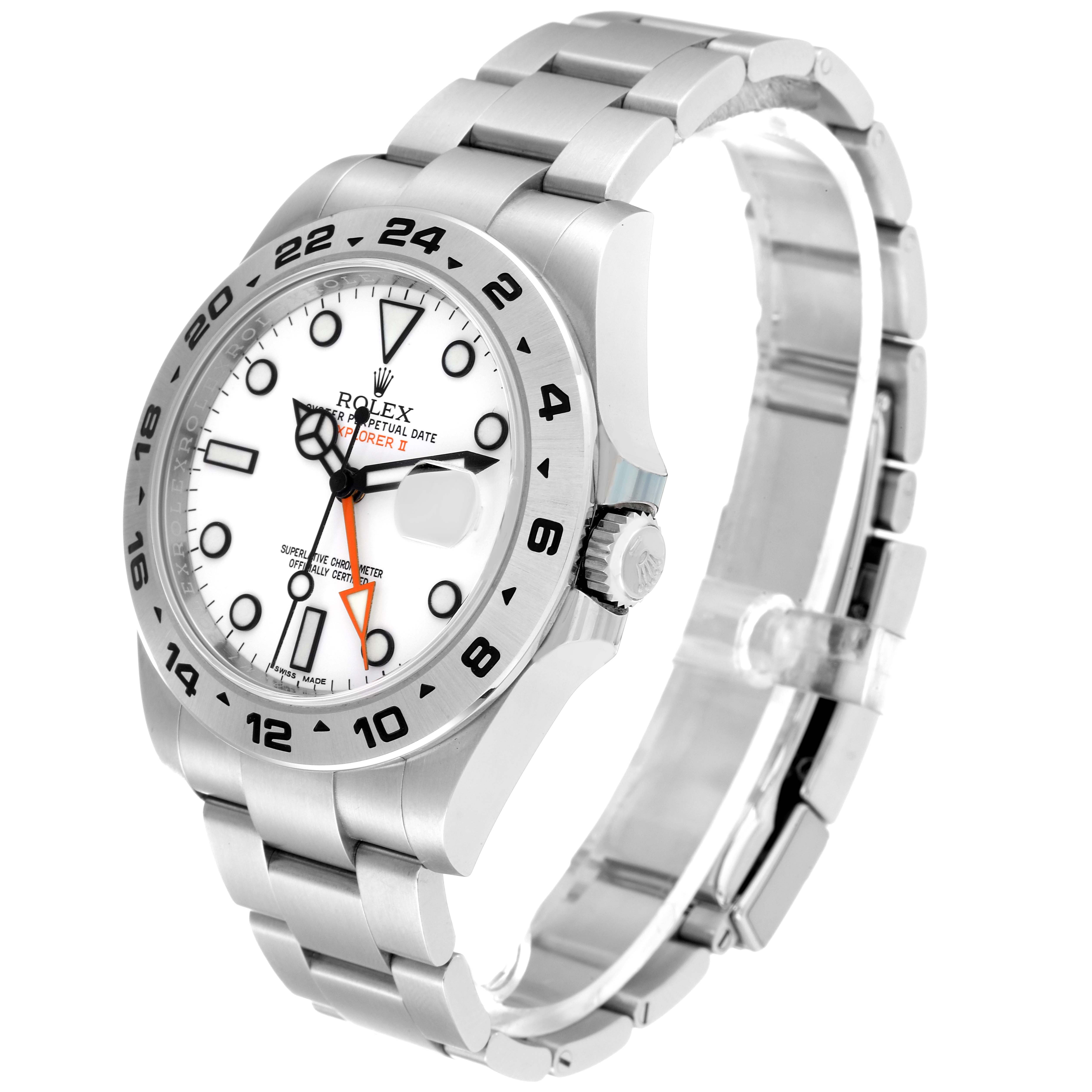 The Rolex Explorer 216570 Men
s Stainless Steel White Dial 216570 Men
s Stainless Steel White Dial watch is shown at an angle highlighting its white dial, orange accents, bezel, crown, and stainless steel bracelet.