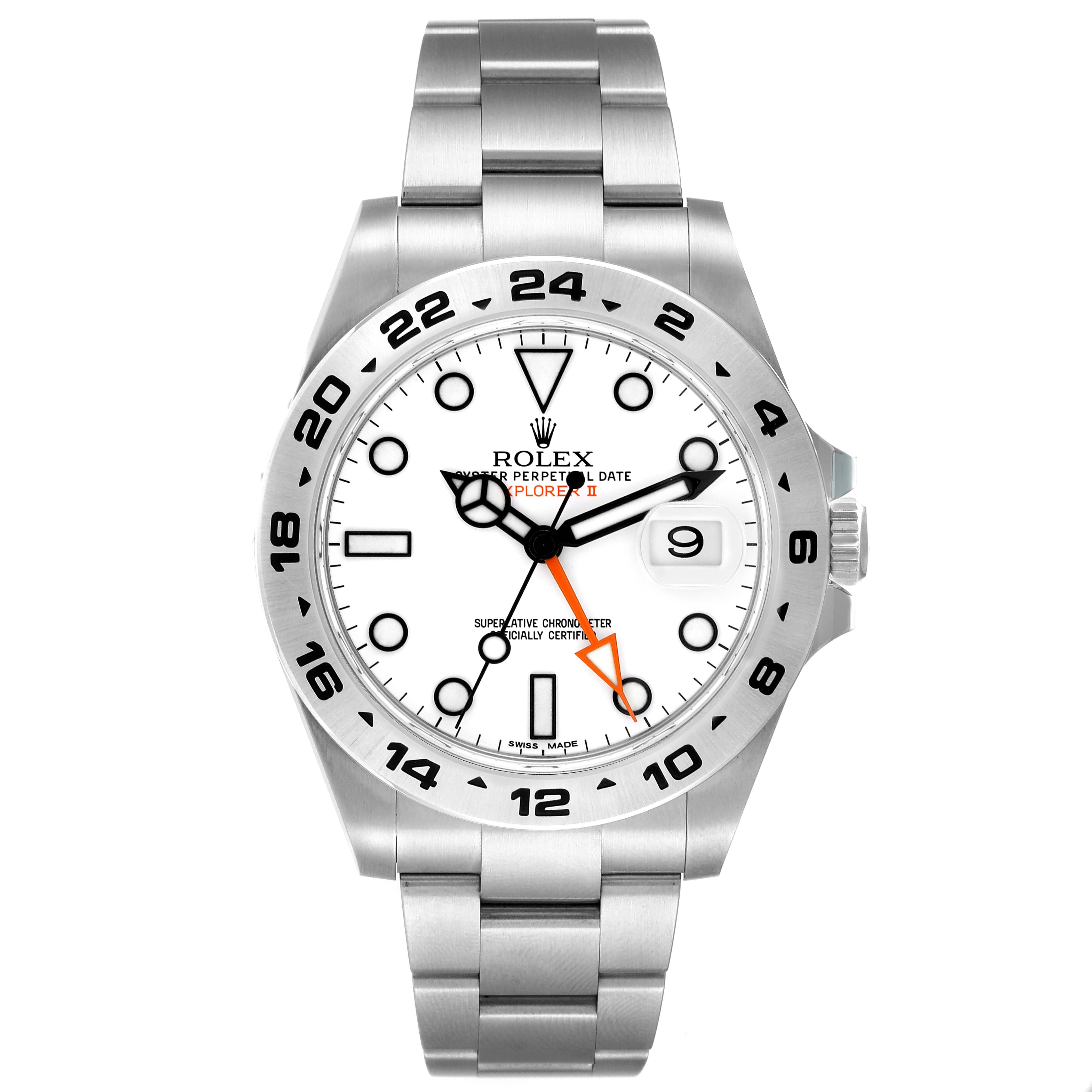 The image shows a front view of the Rolex Explorer 216570 Men
s Stainless Steel White Dial 216570 Men
s Stainless Steel White Dial watch, featuring its face, bezel, and bracelet.