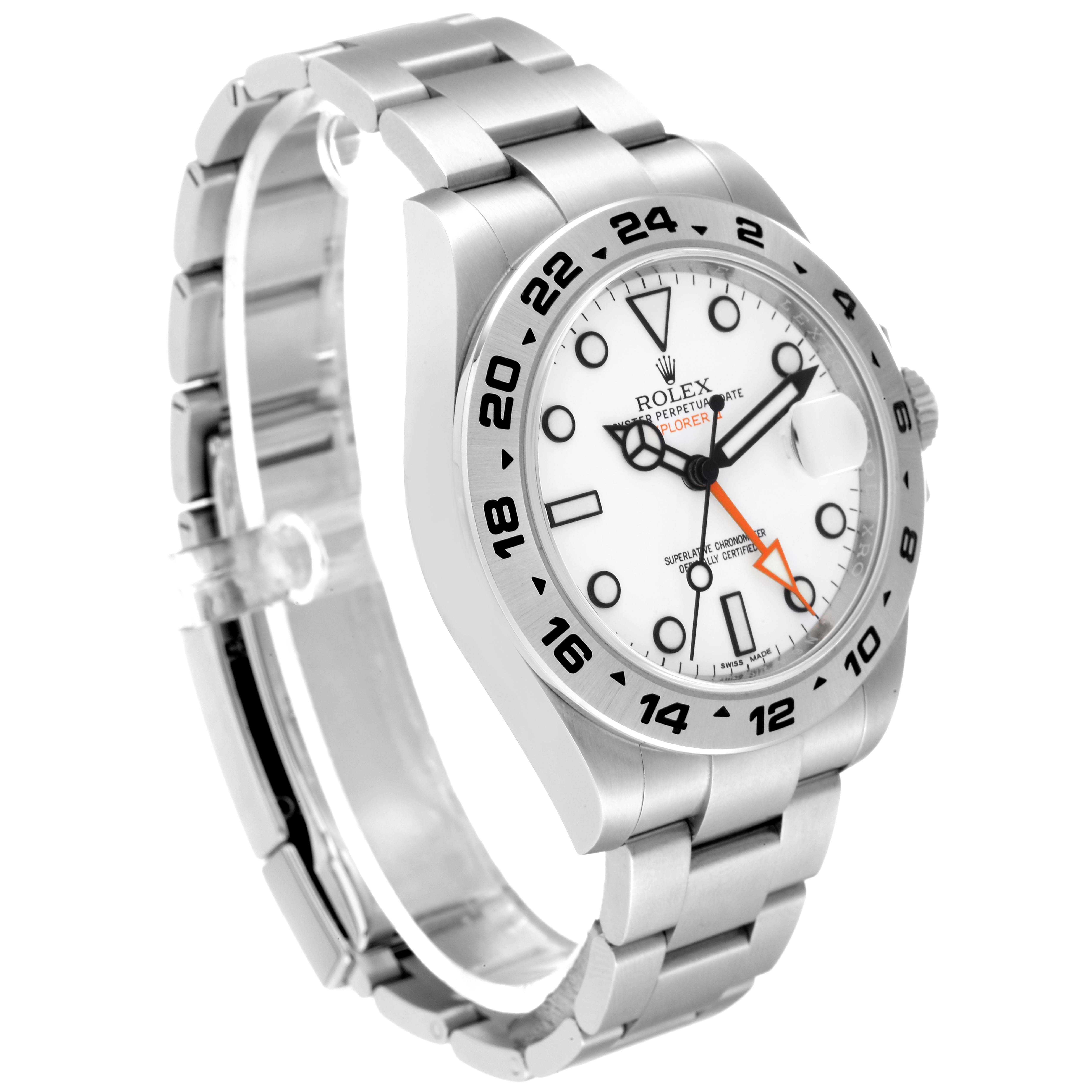 The image displays a side angle of the Rolex Explorer 216570 Men
s Stainless Steel White Dial 216570 Men
s Stainless Steel White Dial watch, highlighting the watch face, bezel, and bracelet.