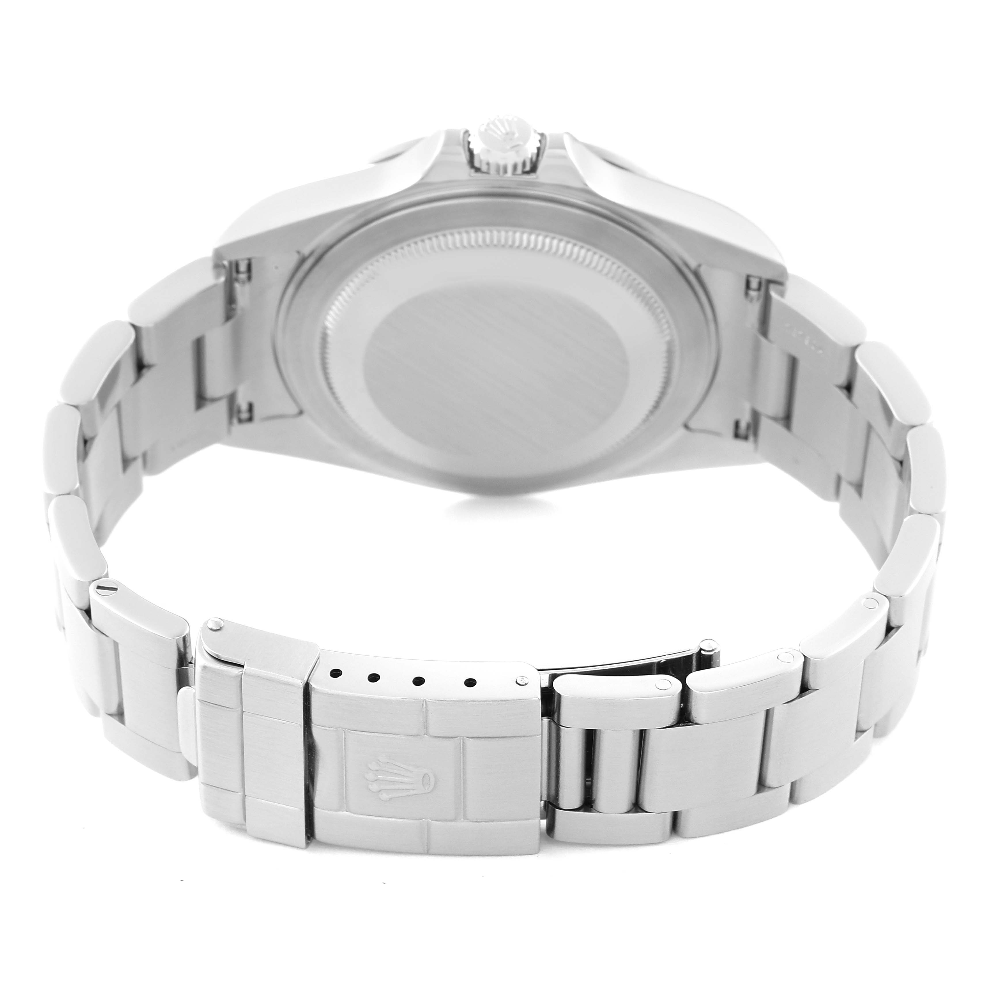 This image shows the back view of a Rolex Explorer 16570 Men's Stainless Steel White Dial 16570 Men's Stainless Steel White Dial watch, highlighting its case back and metal bracelet.