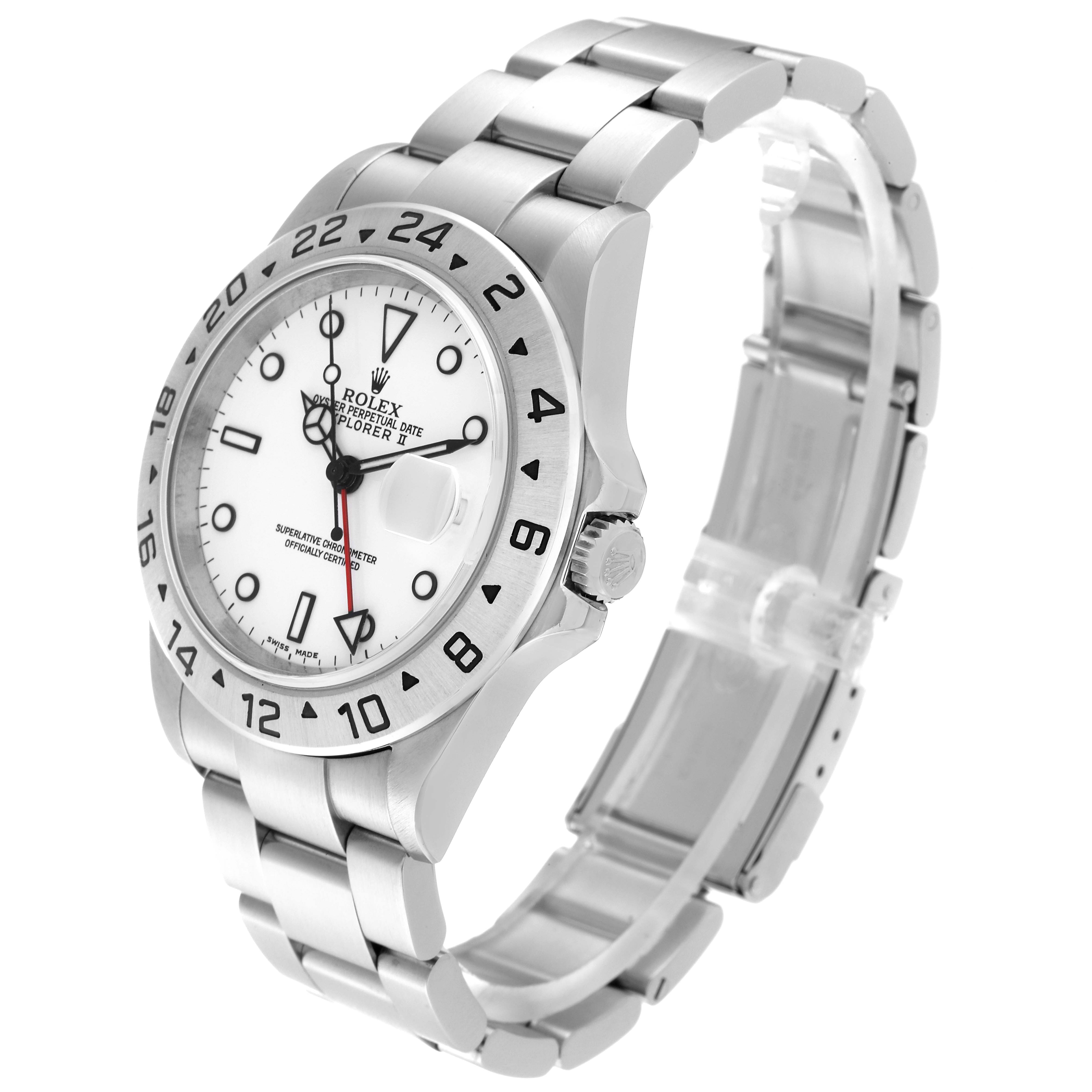 The Rolex Explorer 16570 Men's Stainless Steel White Dial 16570 Men's Stainless Steel White Dial watch is shown at a three-quarter angle, highlighting the face, bezel, crown, and bracelet.
