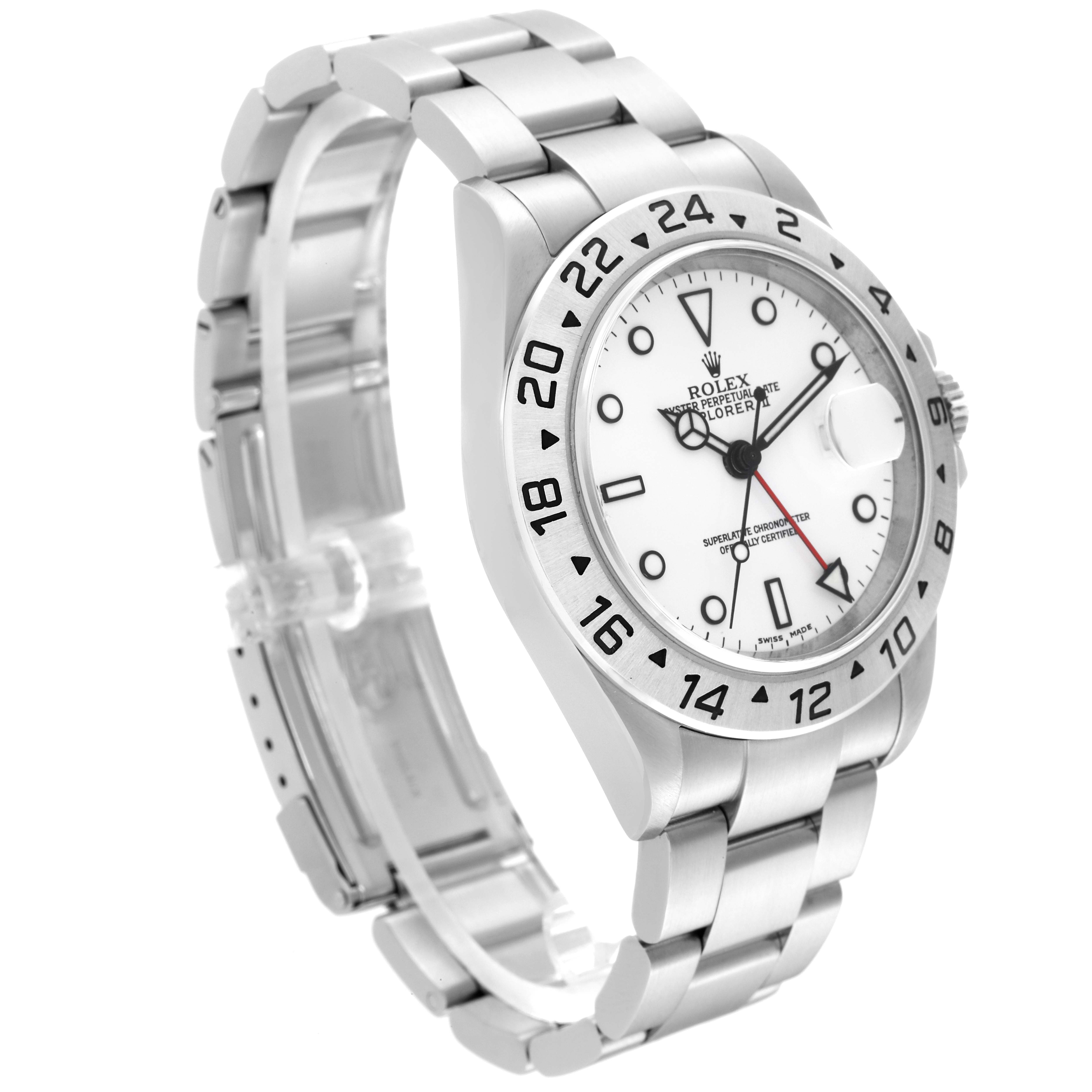 The image shows a Rolex Explorer 16570 Men's Stainless Steel White Dial 16570 Men's Stainless Steel White Dial model watch at a side angle, highlighting its stainless steel bracelet, bezel, and dial.