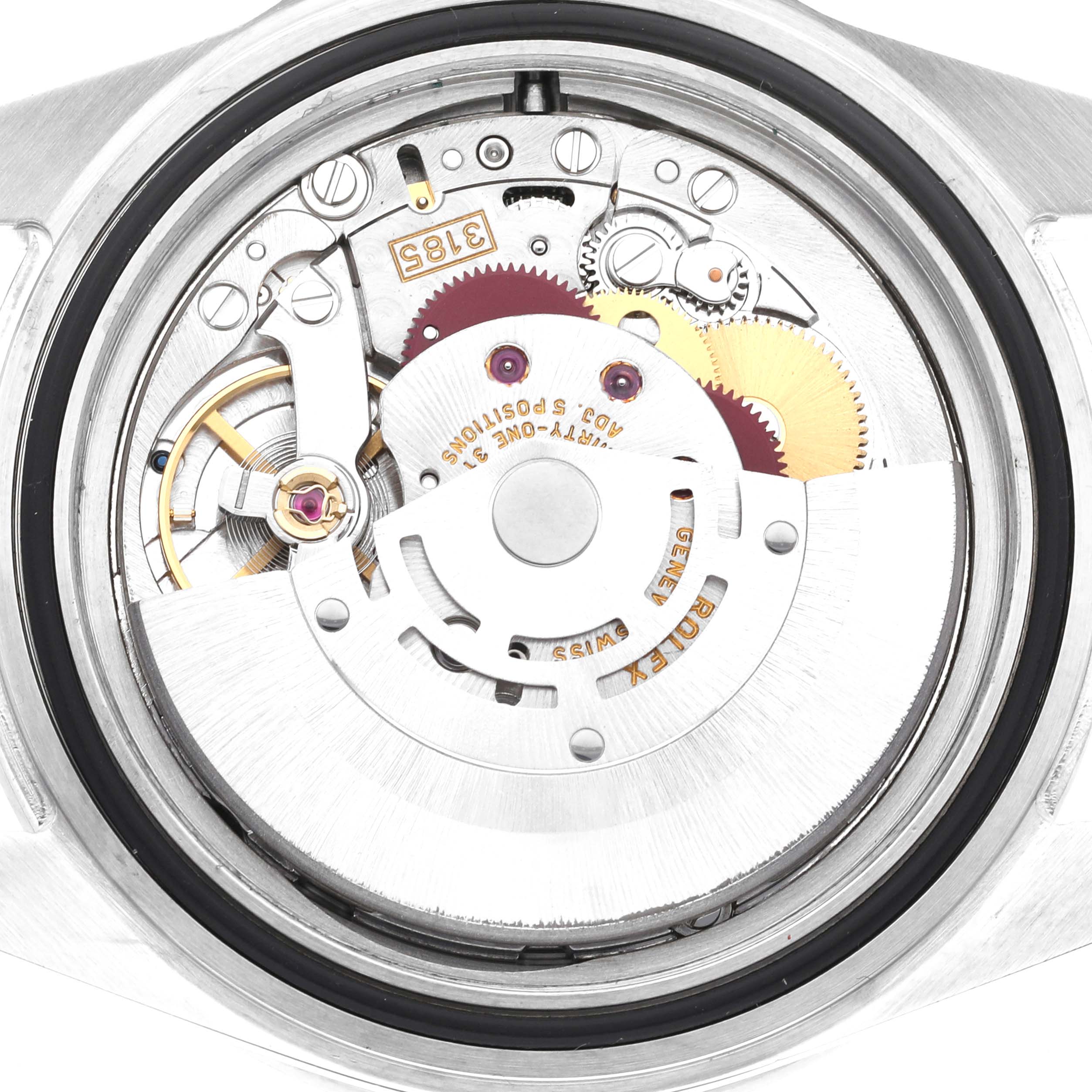 The image shows the open back view of a Rolex Explorer 16570 Men's Stainless Steel White Dial 16570 Men's Stainless Steel White Dial model watch, revealing its internal mechanical movement.