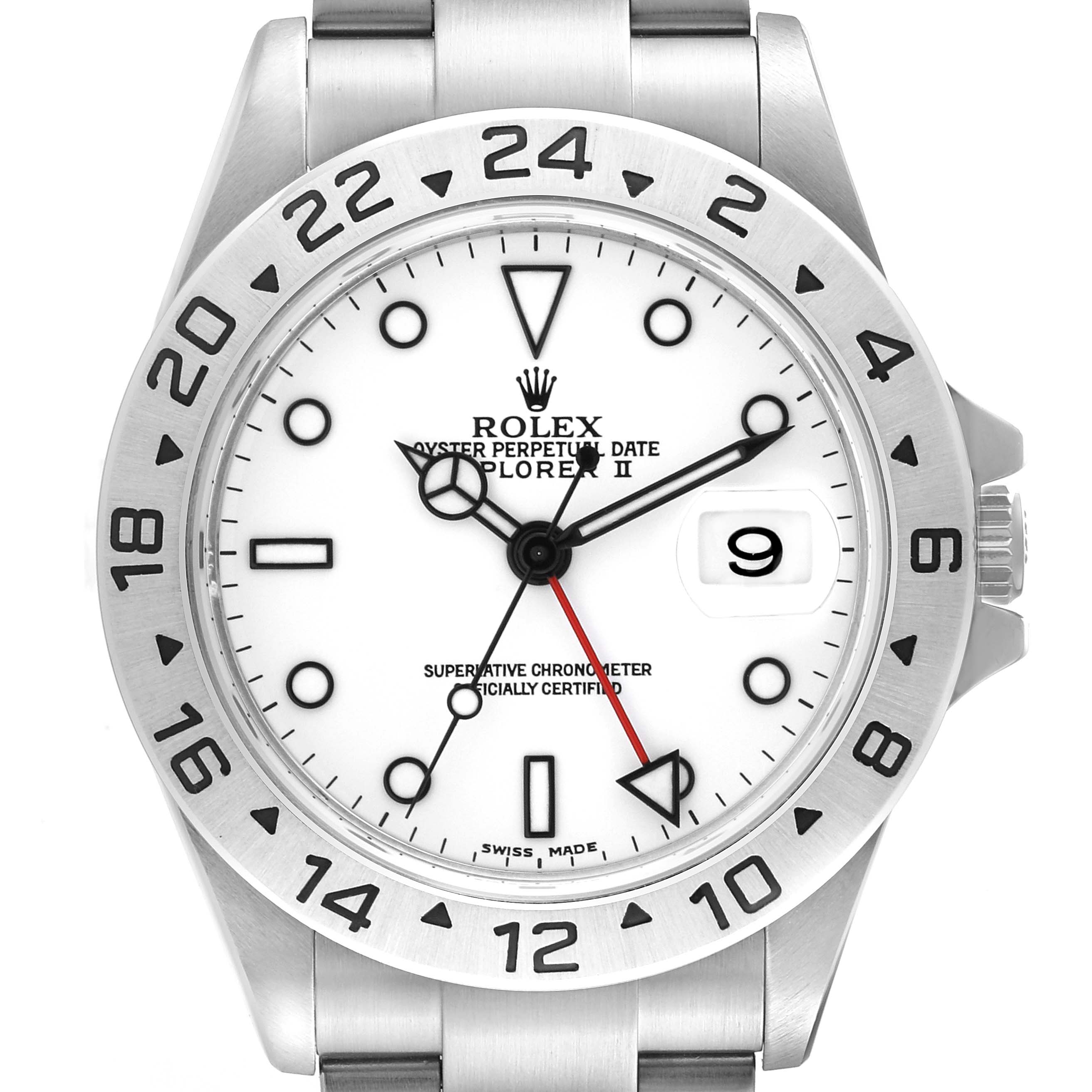 The image shows a frontal view of the Rolex Explorer 16570 Men's Stainless Steel White Dial 16570 Men's Stainless Steel White Dial watch, highlighting its white dial and stainless steel bezel and bracelet.