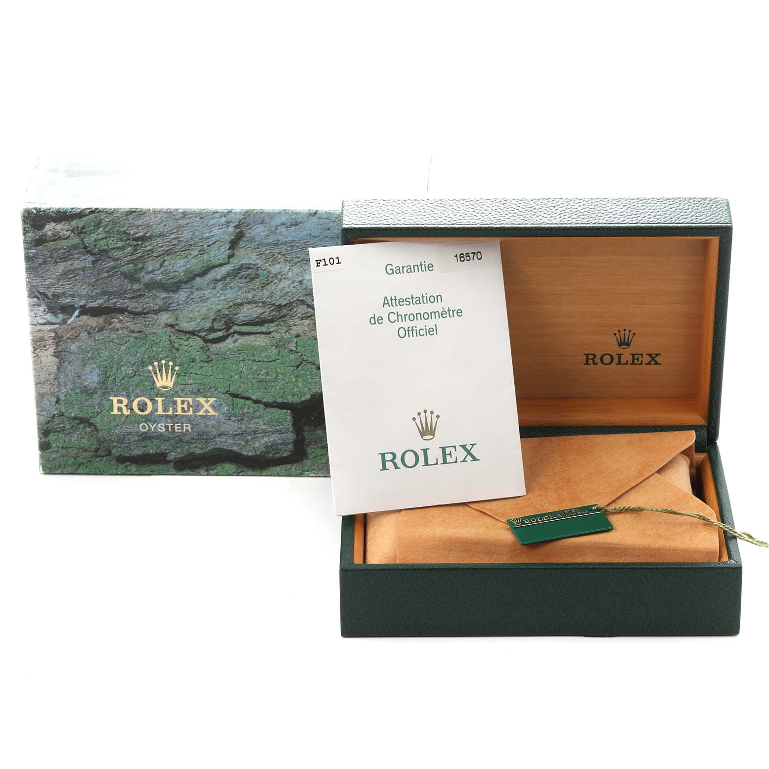 The image shows the packaging and certificate for a Rolex Explorer 16570 Men
s Stainless Steel White Dial 16570 Men
s Stainless Steel White Dial, including the box, manual, and tag, viewed from above.
