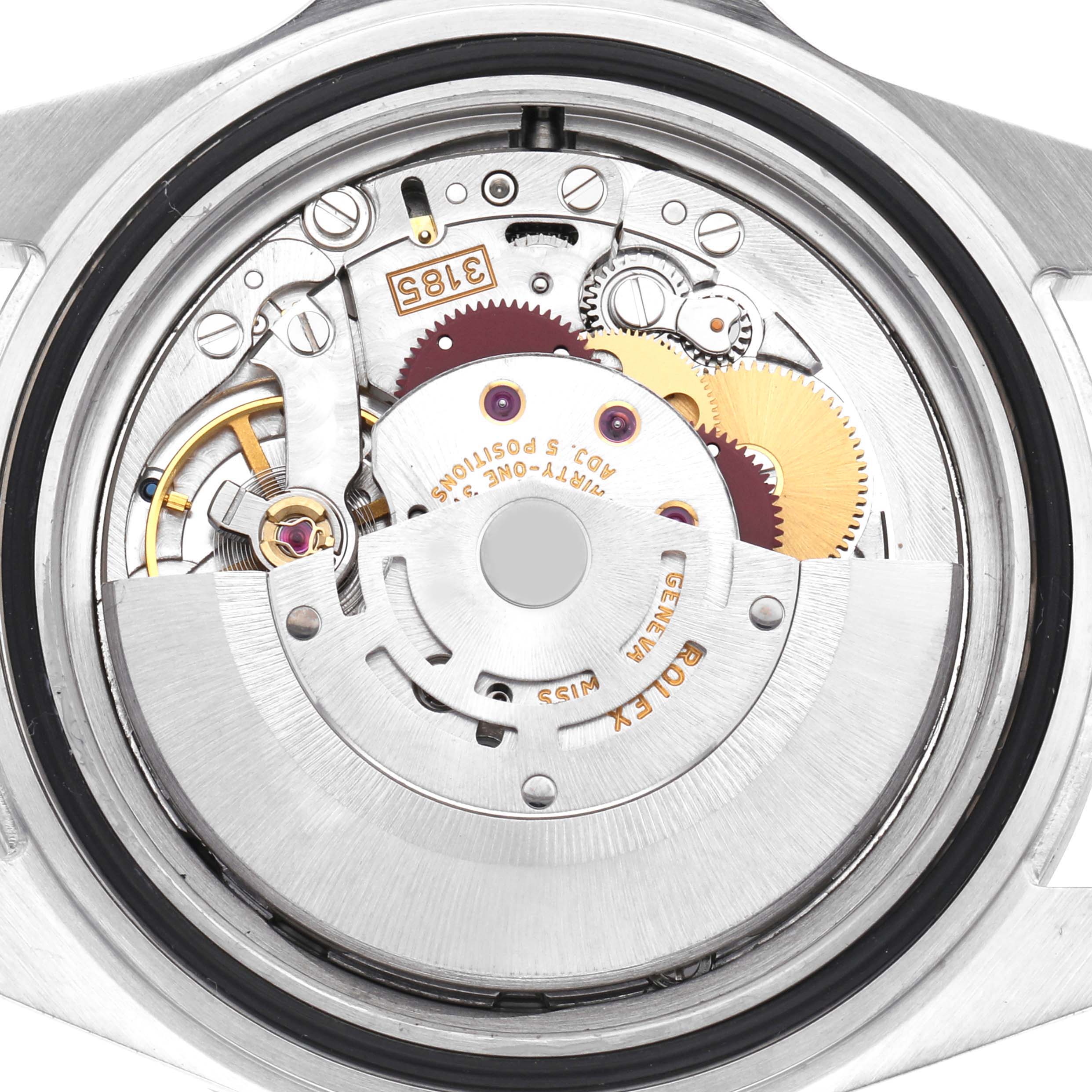 The image shows the intricate movement of a Rolex Explorer 16570 Men
s Stainless Steel White Dial 16570 Men
s Stainless Steel White Dial watch from a rear angle, highlighting its internal components.
