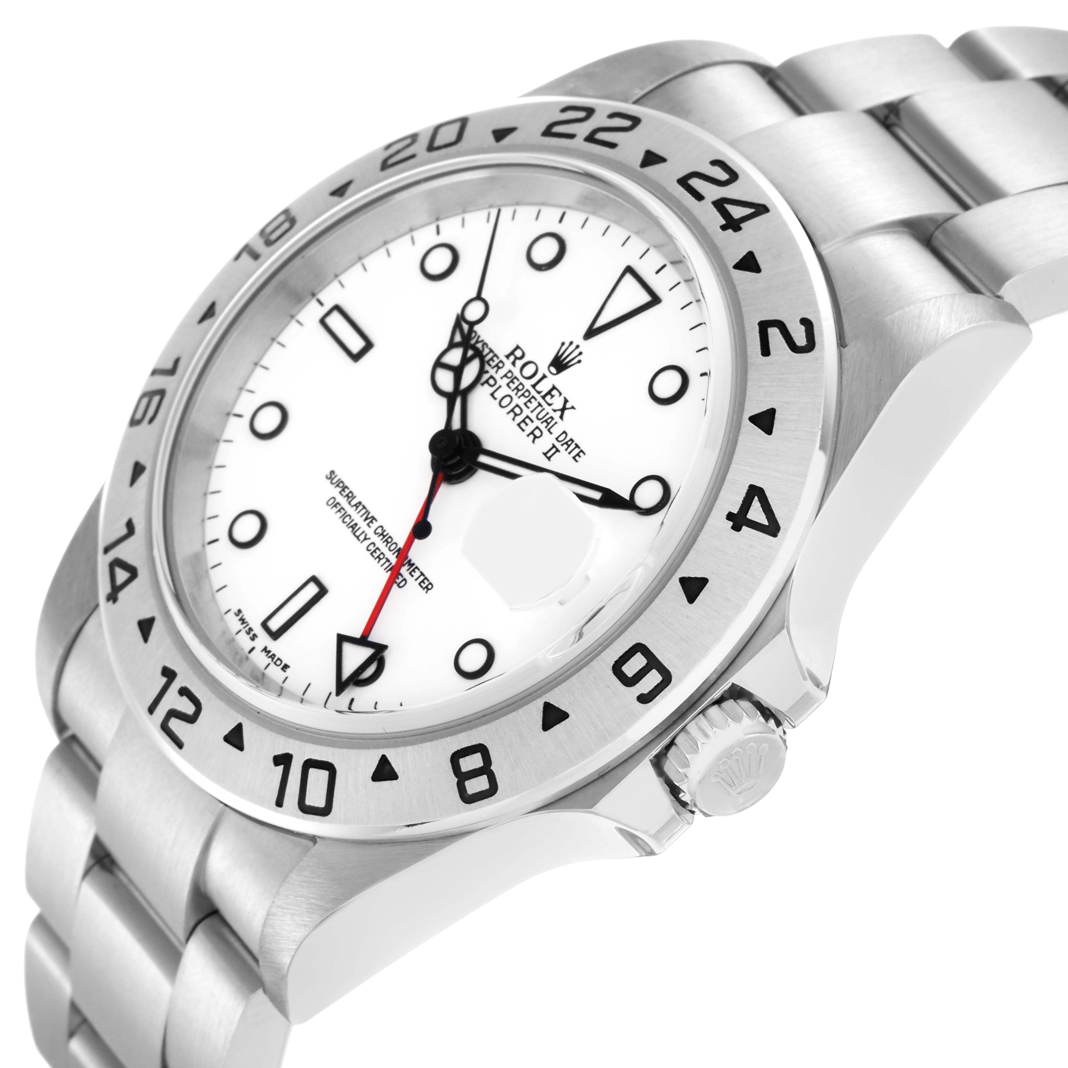 The Rolex Explorer 16570 Men
s Stainless Steel White Dial 16570 Men
s Stainless Steel White Dial watch is shown at an angled side view, highlighting the dial, bezel, crown, and bracelet.