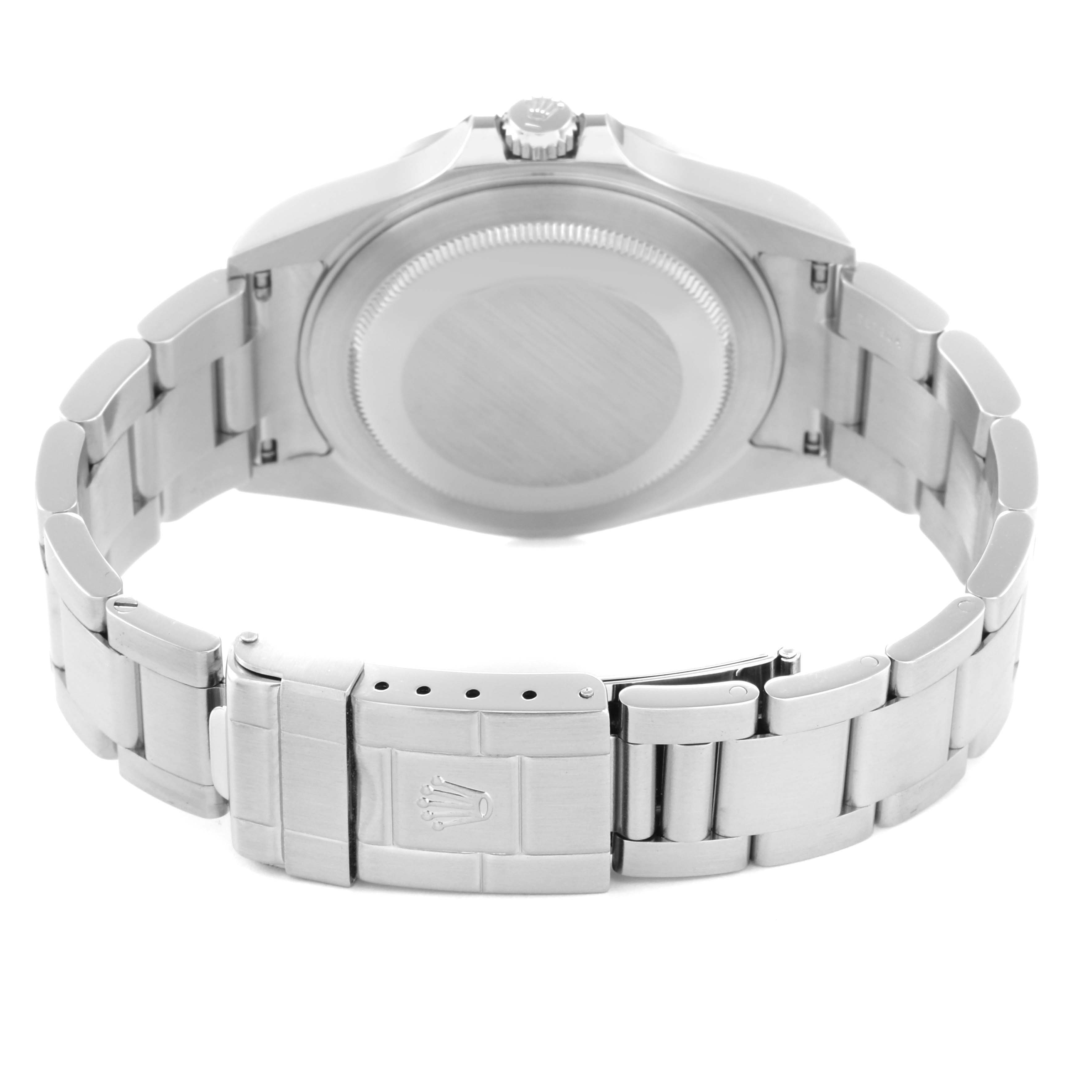 The image shows the back of the Rolex Explorer 16570 Men
s Stainless Steel White Dial 16570 Men
s Stainless Steel White Dial watch, highlighting the case back and bracelet clasp.