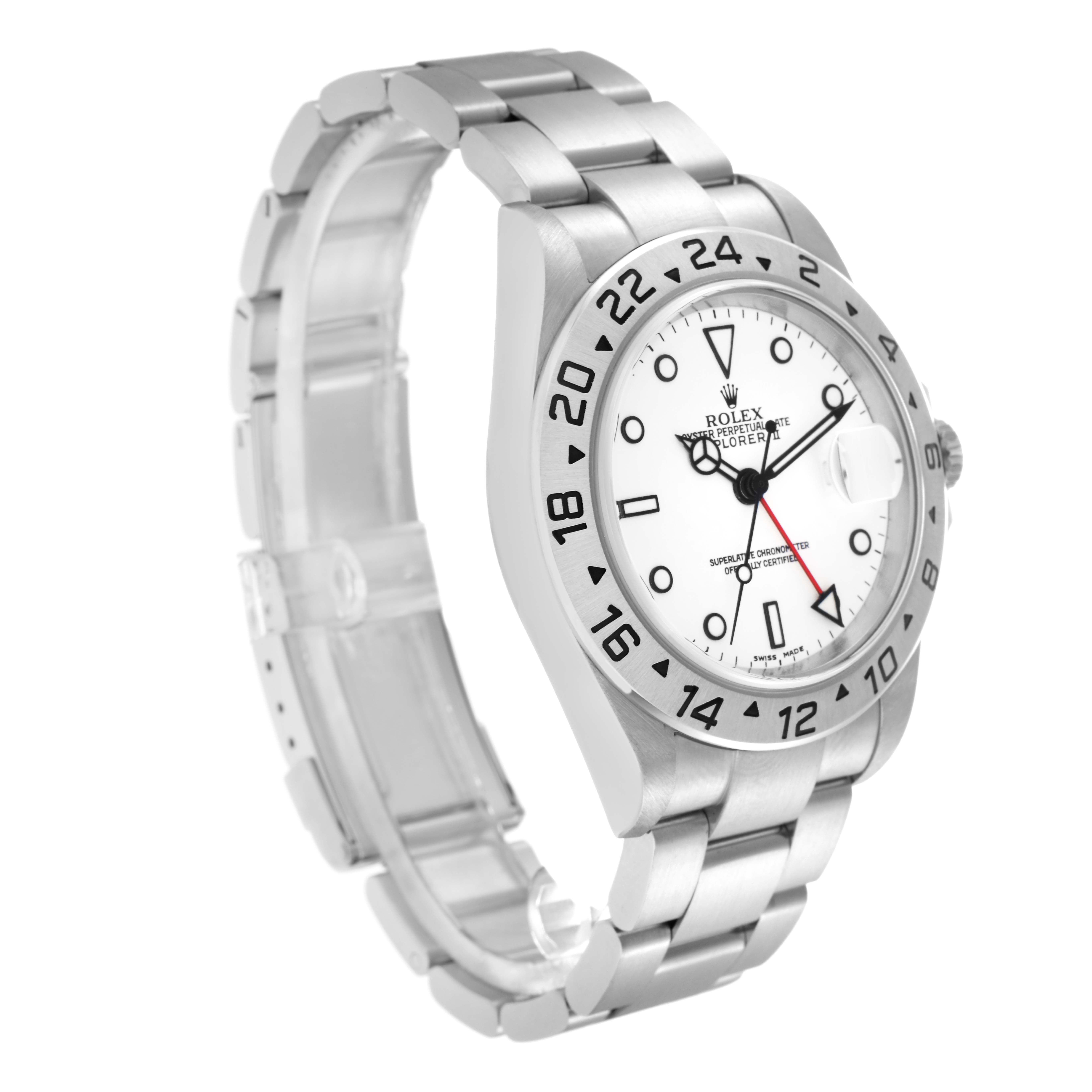 The Rolex Explorer 16570 Men
s Stainless Steel White Dial 16570 Men
s Stainless Steel White Dial watch is shown at a three-quarter angle, highlighting the dial, bezel, bracelet, and side profile.