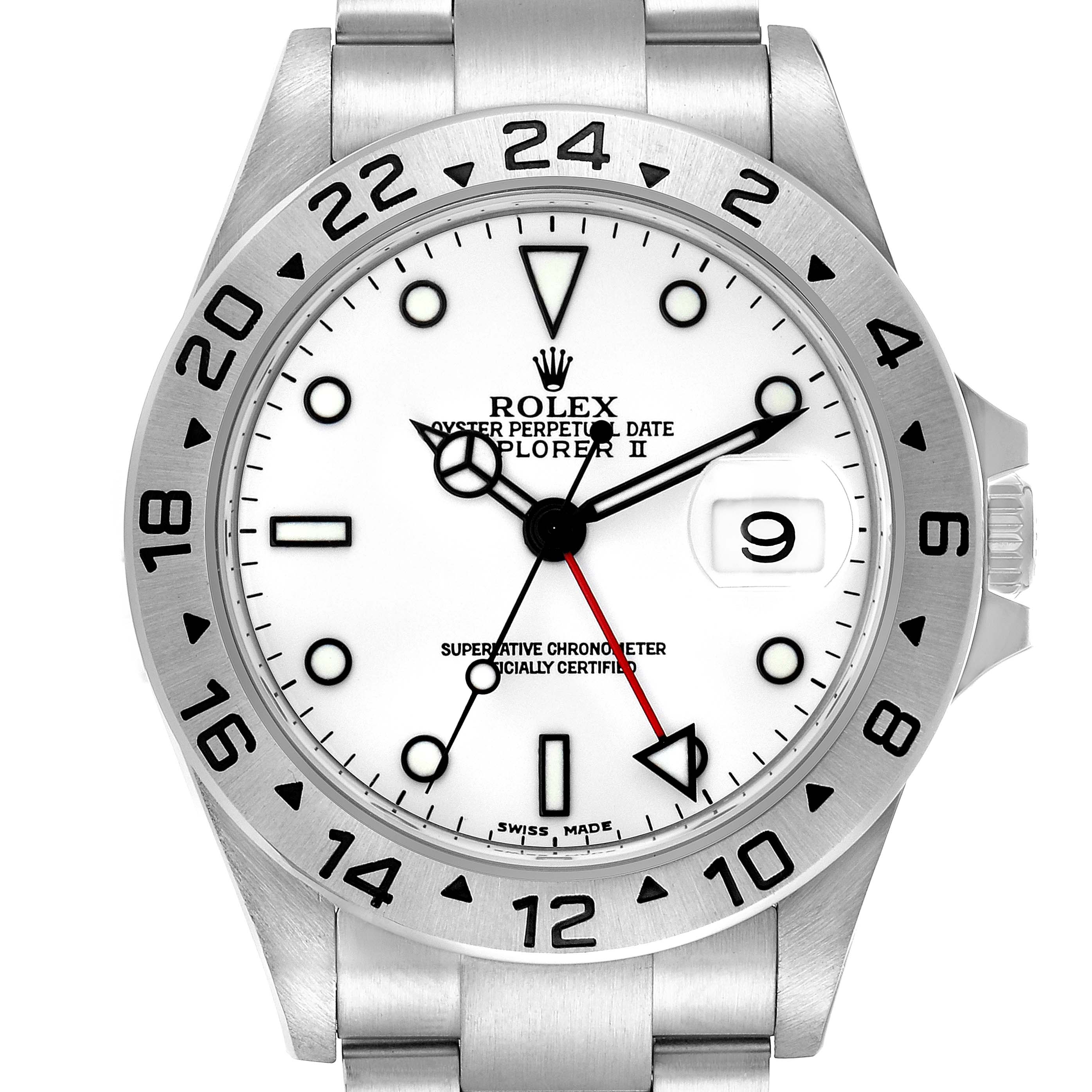 The image shows a front view of a Rolex Explorer 16570 Men
s Stainless Steel White Dial 16570 Men
s Stainless Steel White Dial watch, highlighting the dial, bezel, hands, and date magnifier.