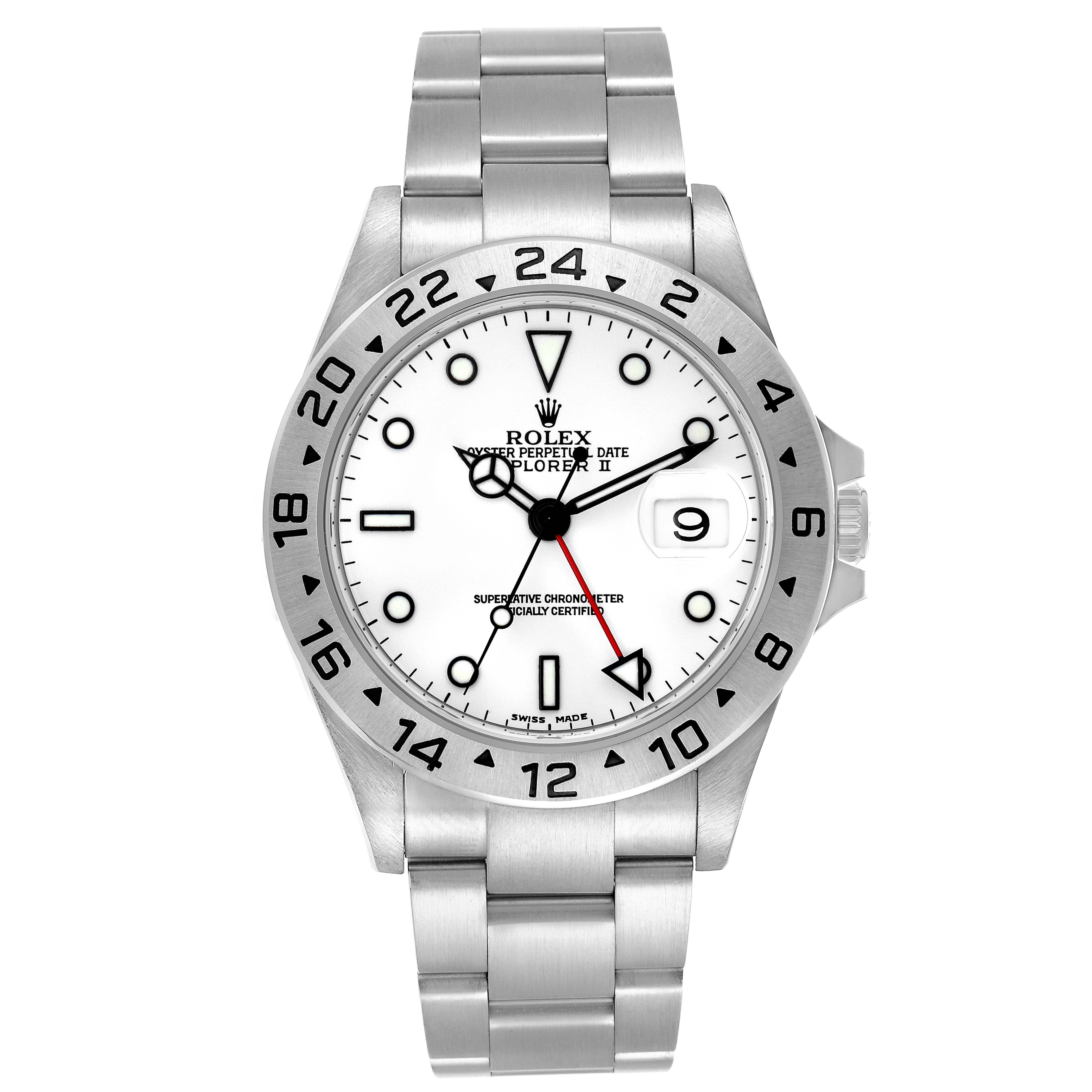 The Rolex Explorer 16570 Men
s Stainless Steel White Dial 16570 Men
s Stainless Steel White Dial watch is shown from a front angle, featuring the bezel, dial with date display, and bracelet.