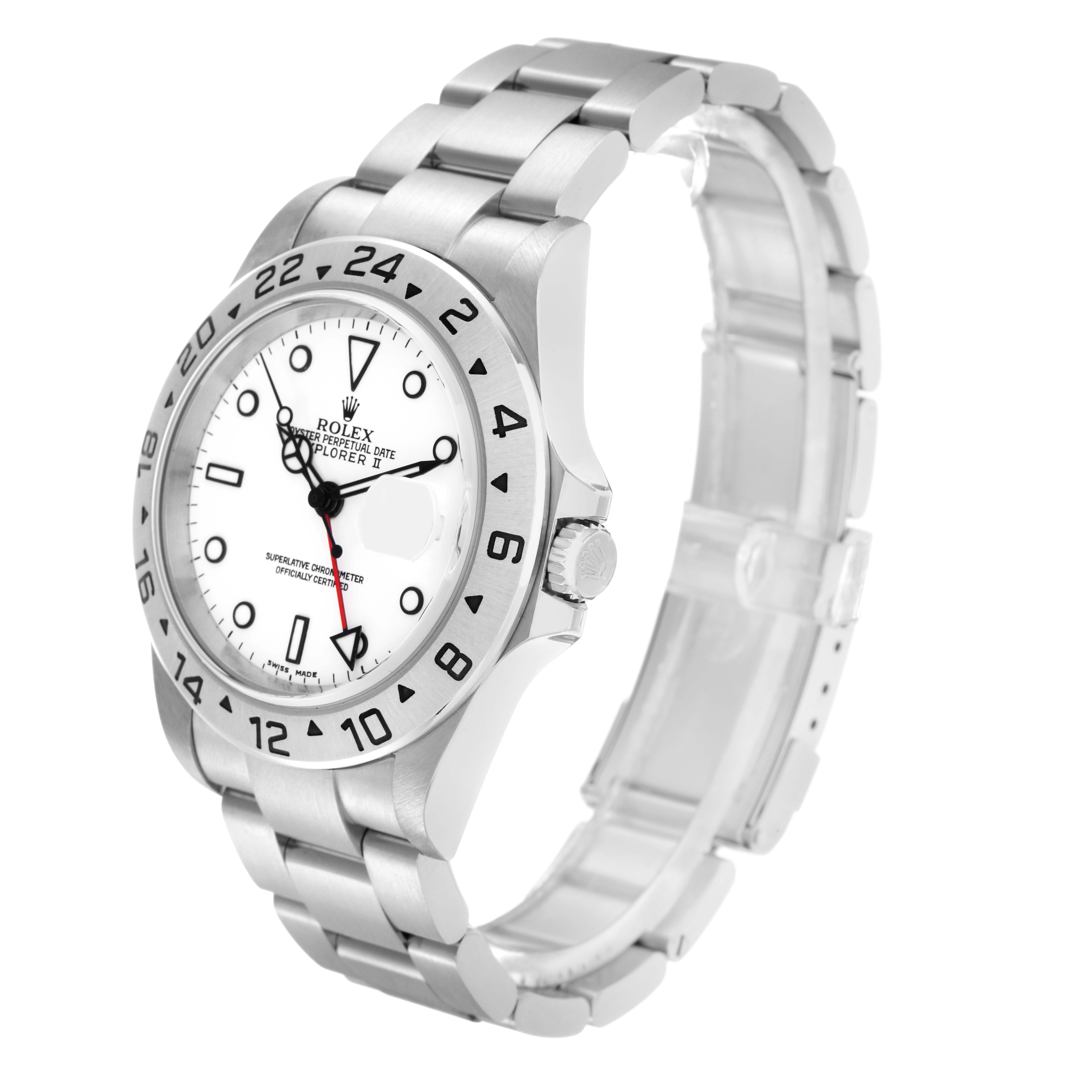 The Rolex Explorer 16570 Men
s Stainless Steel White Dial 16570 Men
s Stainless Steel White Dial watch is shown from a three-quarter angle, highlighting the dial, bezel, crown, and bracelet.