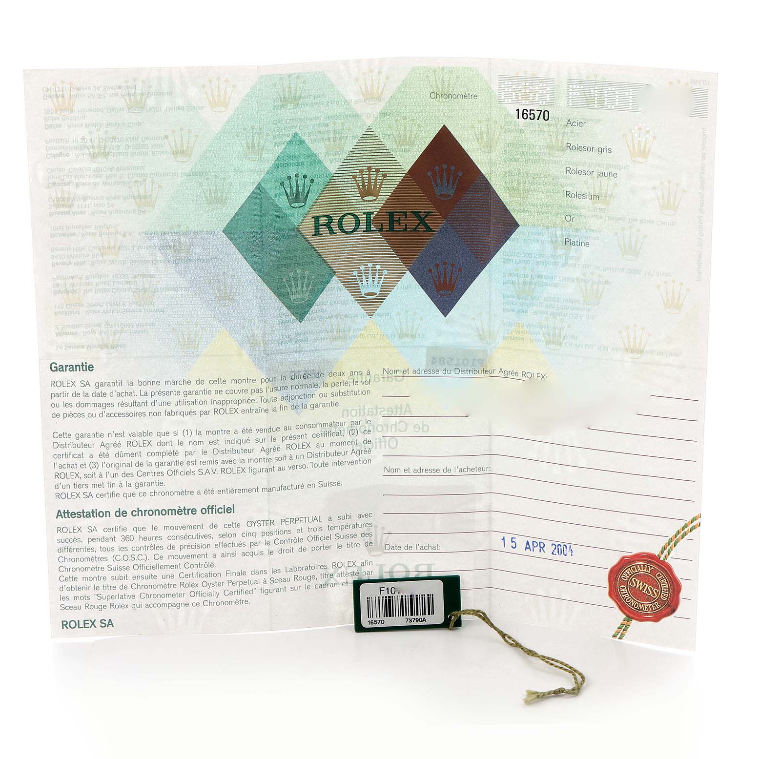 The image shows the warranty card and hang tag for a Rolex Explorer 16570 Men
s Stainless Steel White Dial 16570 Men
s Stainless Steel White Dial watch, model number 16570.