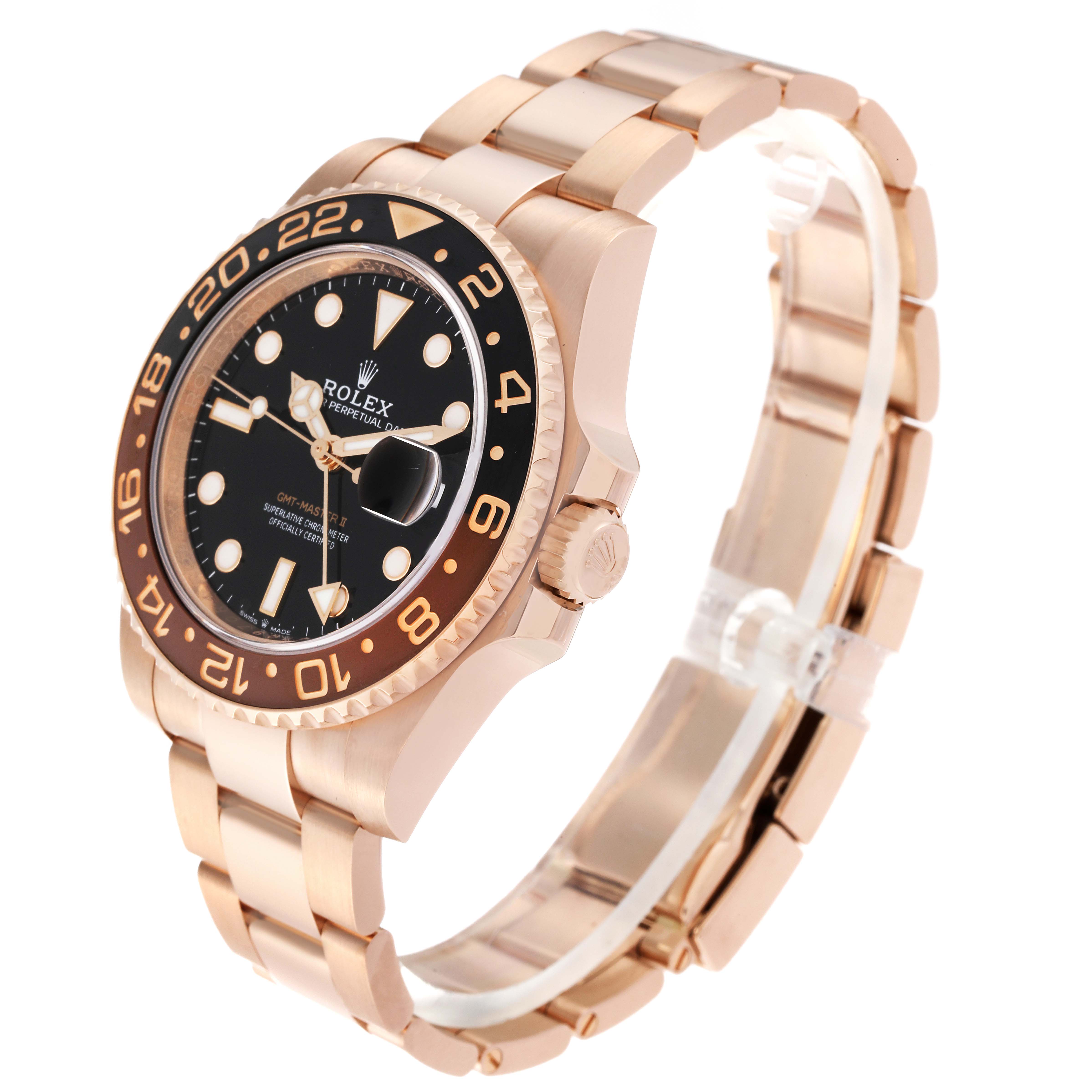 The Rolex GMT-Master 126715CHNR Men's Rose Gold Black Dial 126715CHNR Men's Rose Gold Black Dial watch is shown at an angle displaying the dial, bezel, and bracelet clearly.