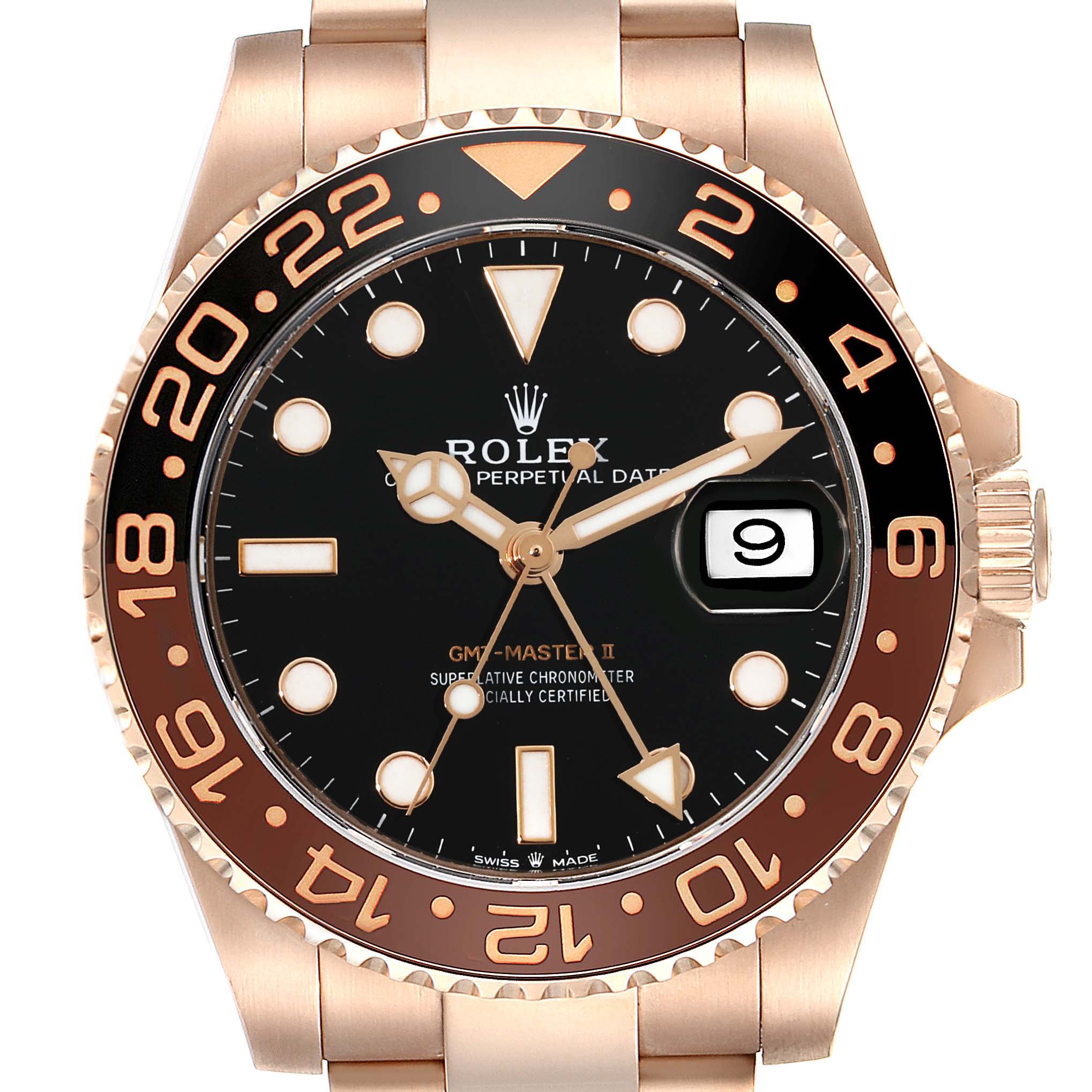 The Rolex GMT-Master 126715CHNR Men's Rose Gold Black Dial 126715CHNR Men's Rose Gold Black Dial II watch is shown from a top-down angle, displaying its bezel, face, and part of the bracelet.