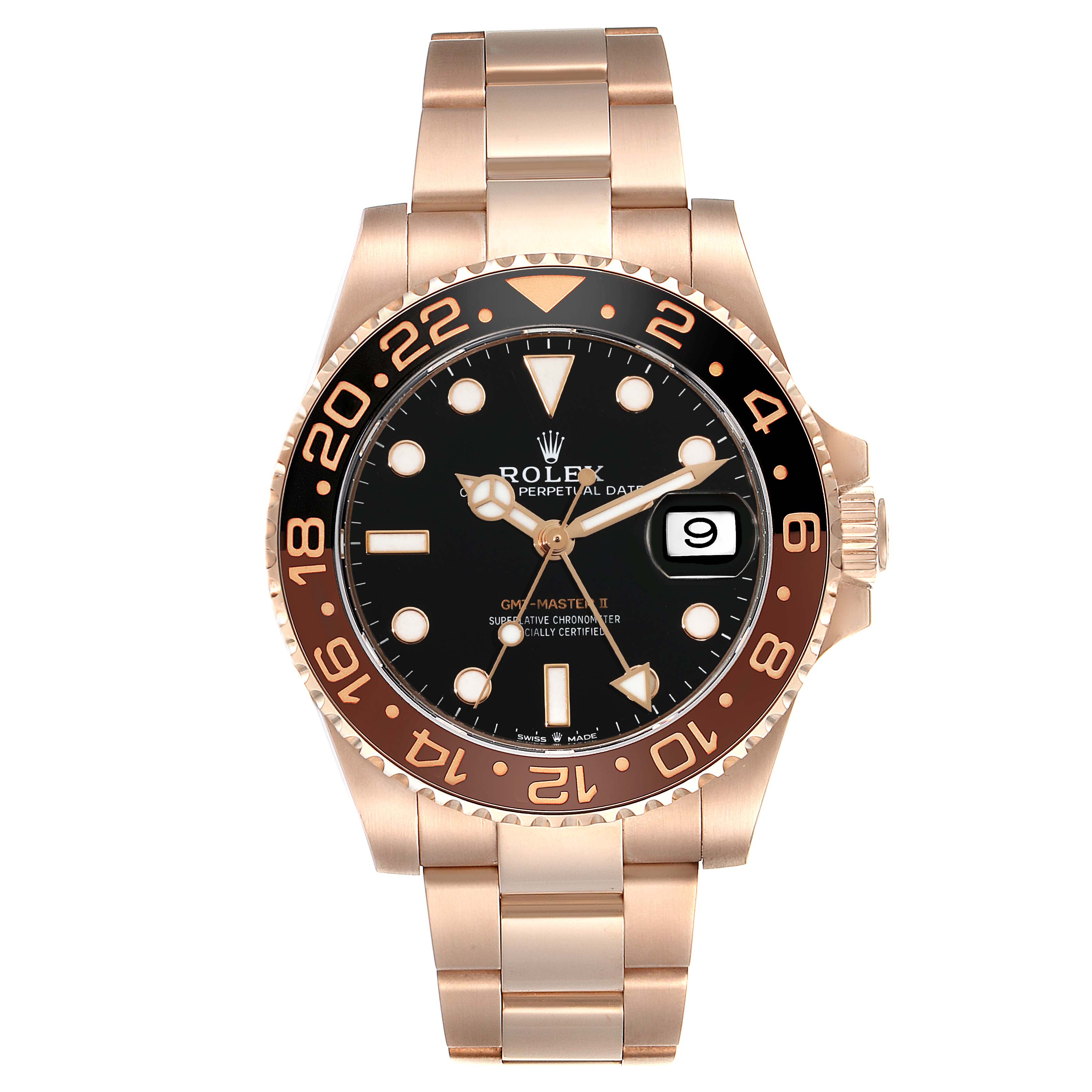 The image shows a front view of a Rolex GMT-Master 126715CHNR Men's Rose Gold Black Dial 126715CHNR Men's Rose Gold Black Dial II watch, highlighting its face, bezel, and bracelet.