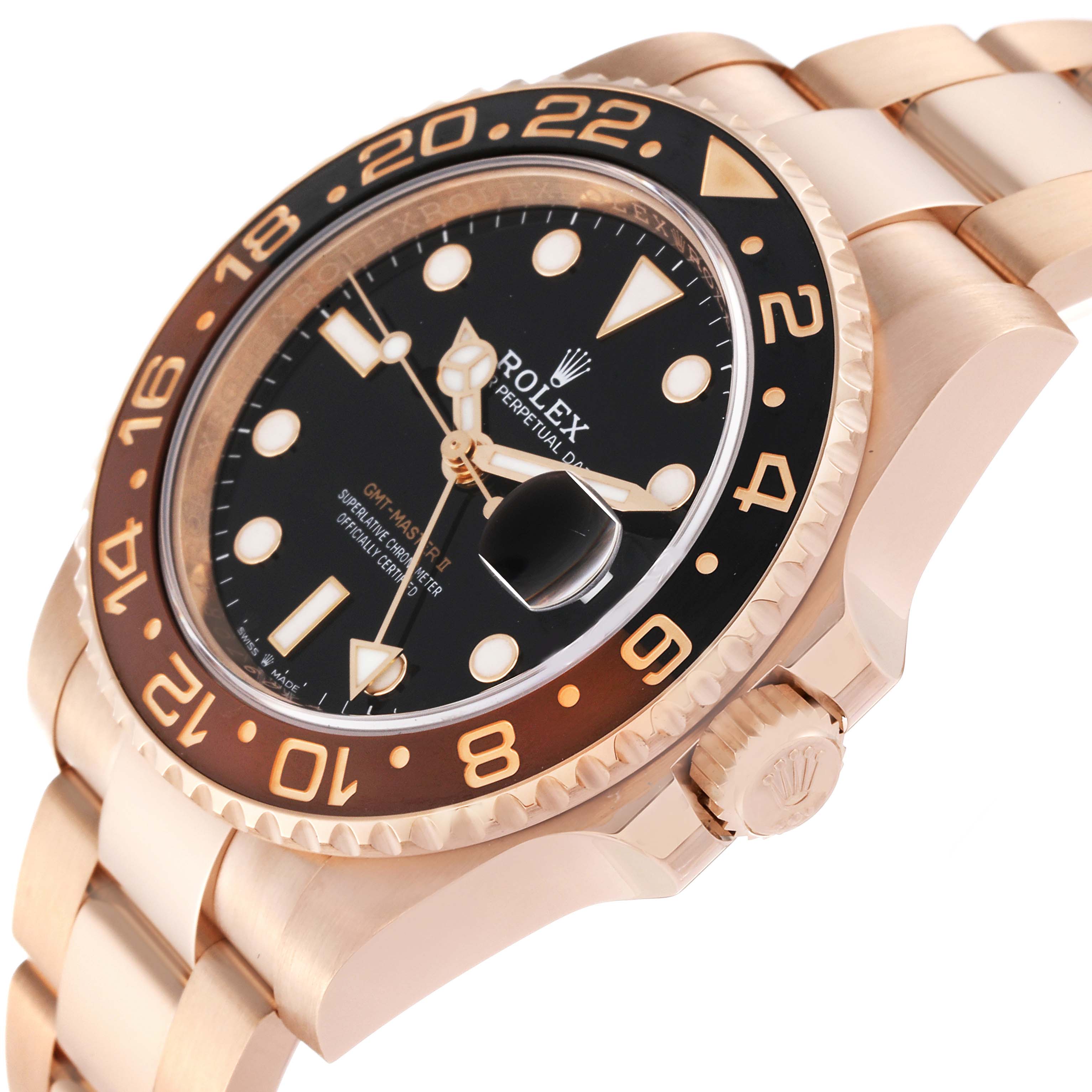 The image shows a side angle of the Rolex GMT-Master 126715CHNR Men's Rose Gold Black Dial 126715CHNR Men's Rose Gold Black Dial watch, displaying the bezel, dial, crown, and part of the bracelet.