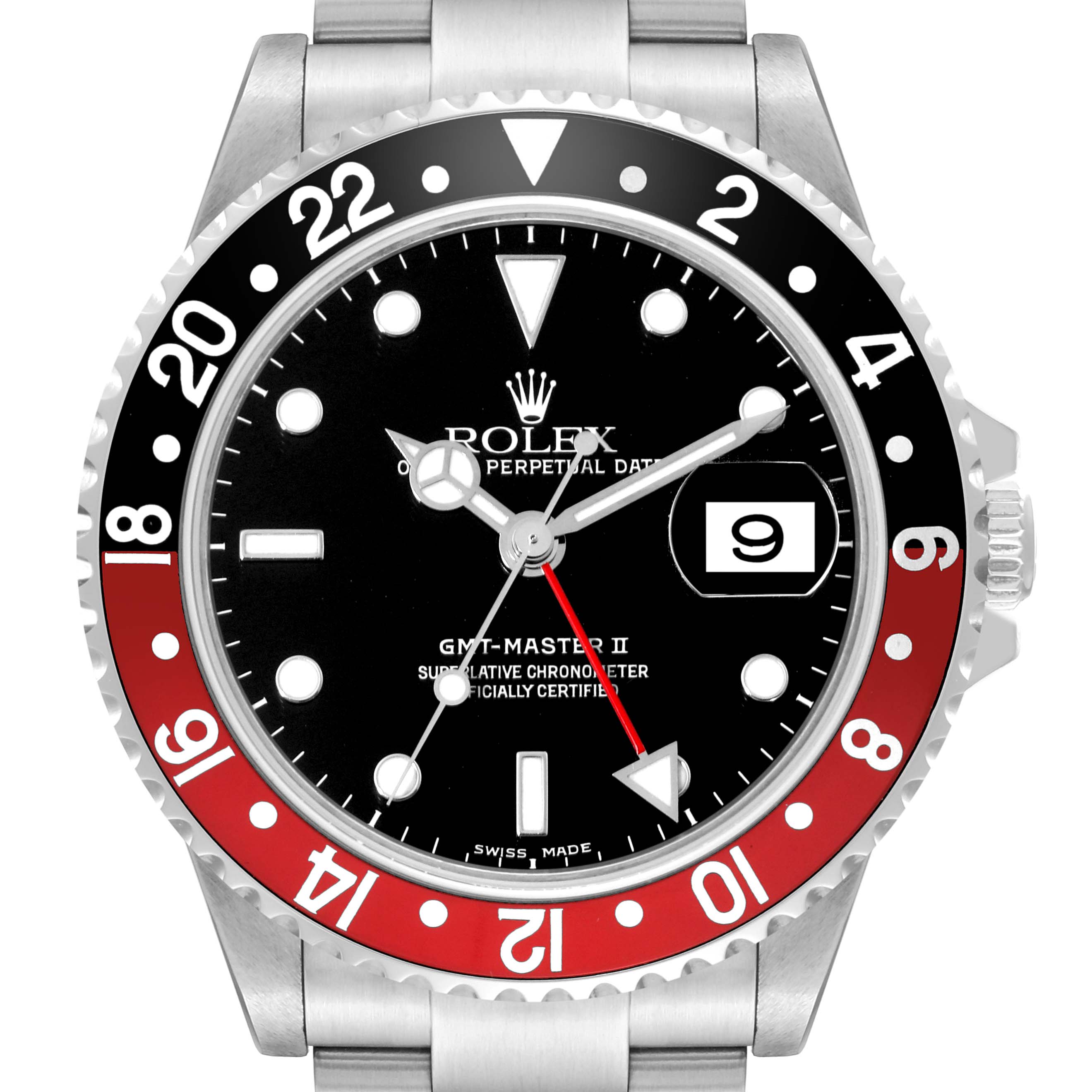 This image shows a front view of a Rolex GMT-Master 16710 Men
s Stainless Steel Black Dial 16710 Men
s Stainless Steel Black Dial II watch, displaying the bezel, dial, and bracelet.