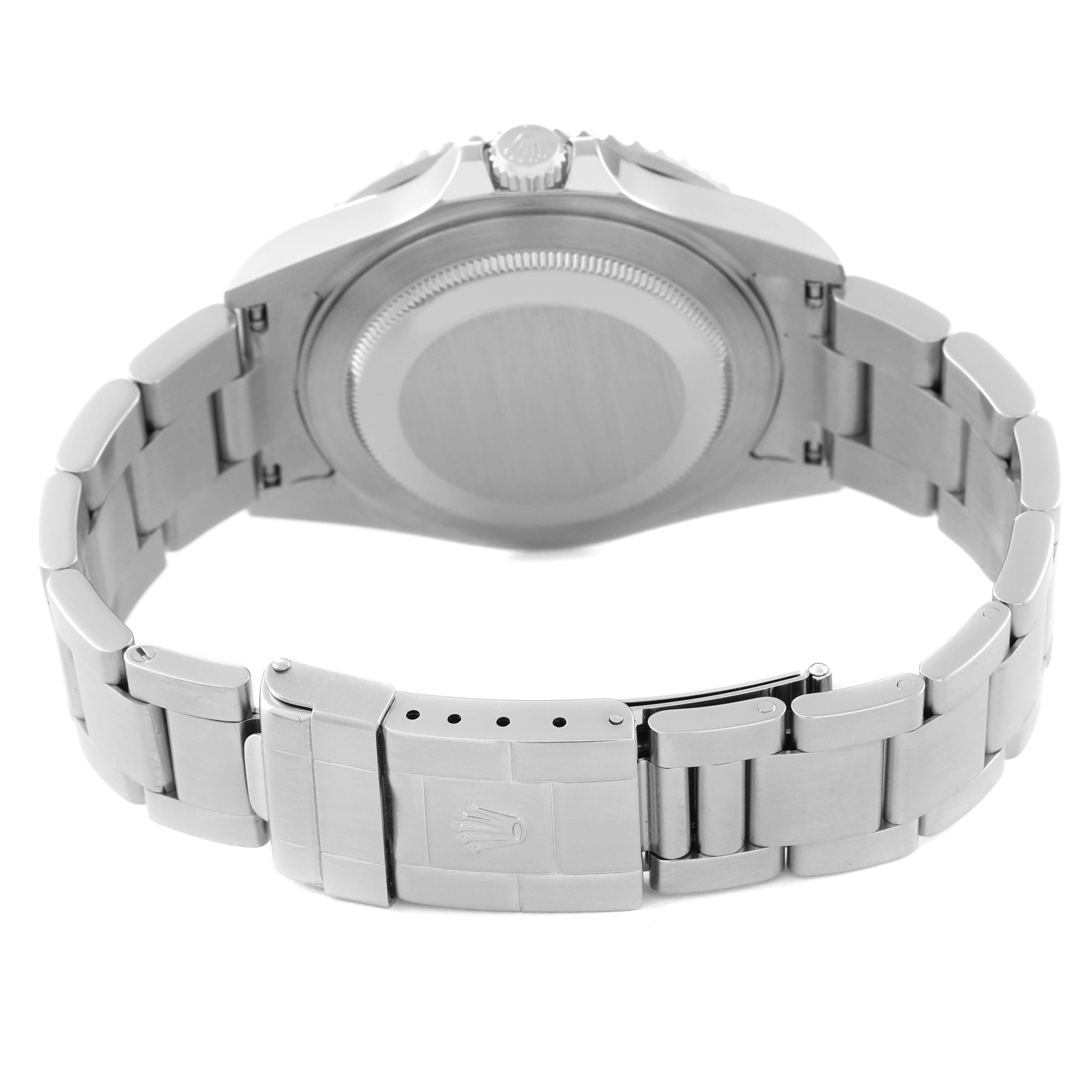 The image shows the backside and clasp of the Rolex GMT-Master 16710 Men
s Stainless Steel Black Dial 16710 Men
s Stainless Steel Black Dial watch, focusing on its stainless steel bracelet and case back.