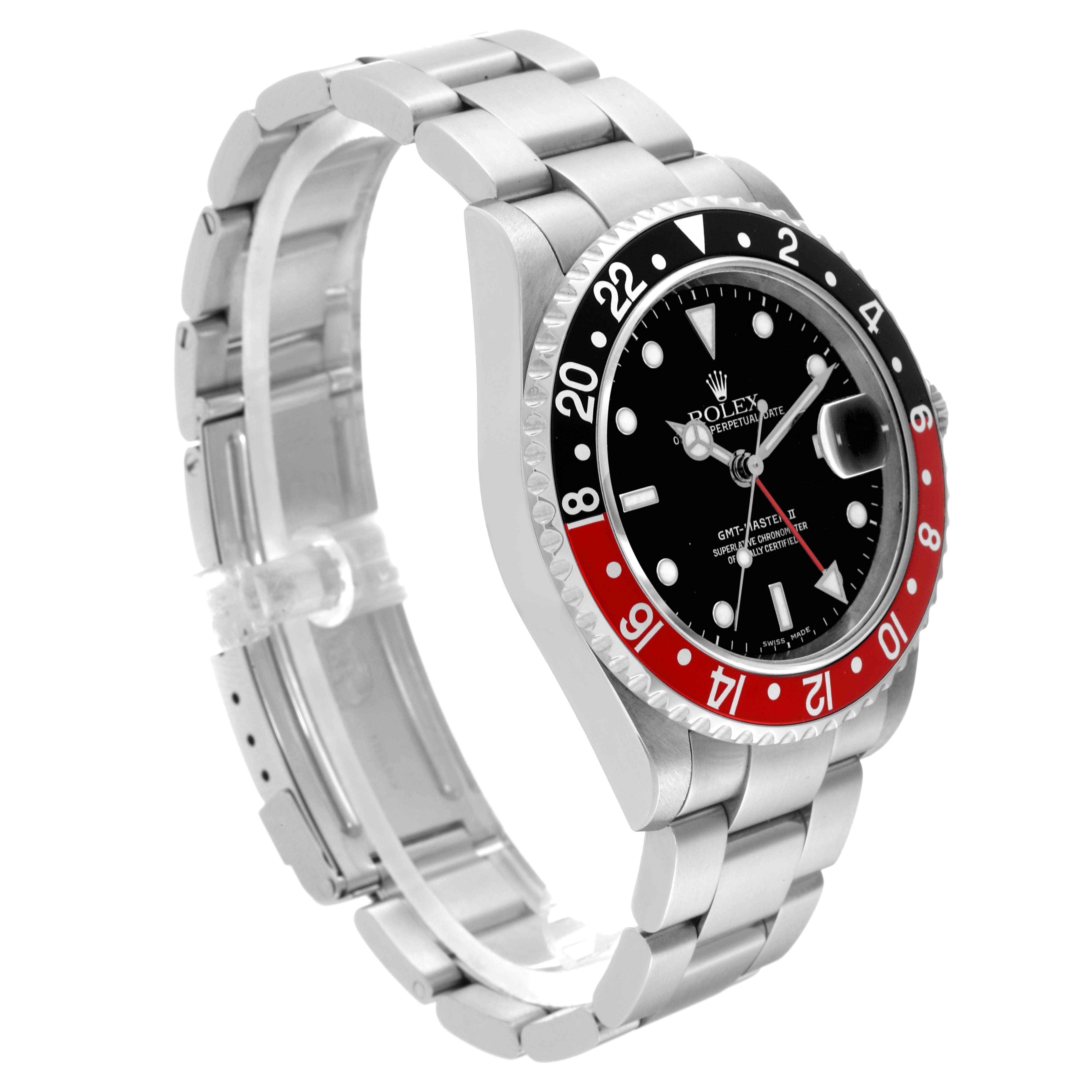 The Rolex GMT-Master 16710 Men
s Stainless Steel Black Dial 16710 Men
s Stainless Steel Black Dial watch is shown at a three-quarter view, highlighting the bezel, dial, bracelet, and clasp.