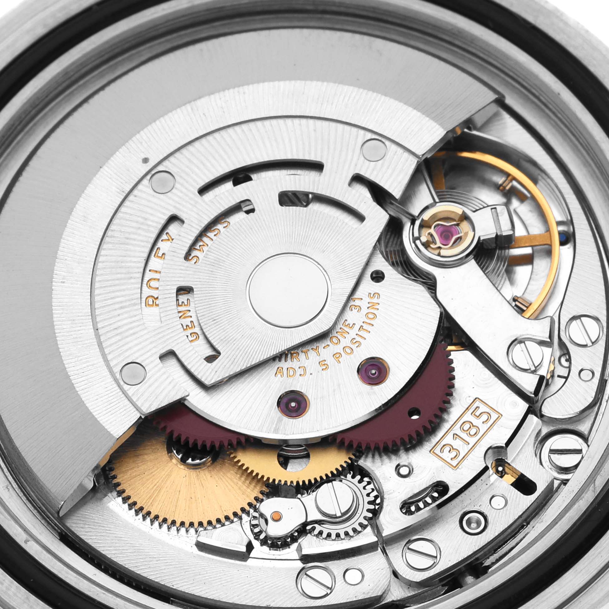 The image shows a detailed view of the movement mechanism of a Rolex GMT-Master 16710 Men
s Stainless Steel Black Dial 16710 Men
s Stainless Steel Black Dial from the back side.