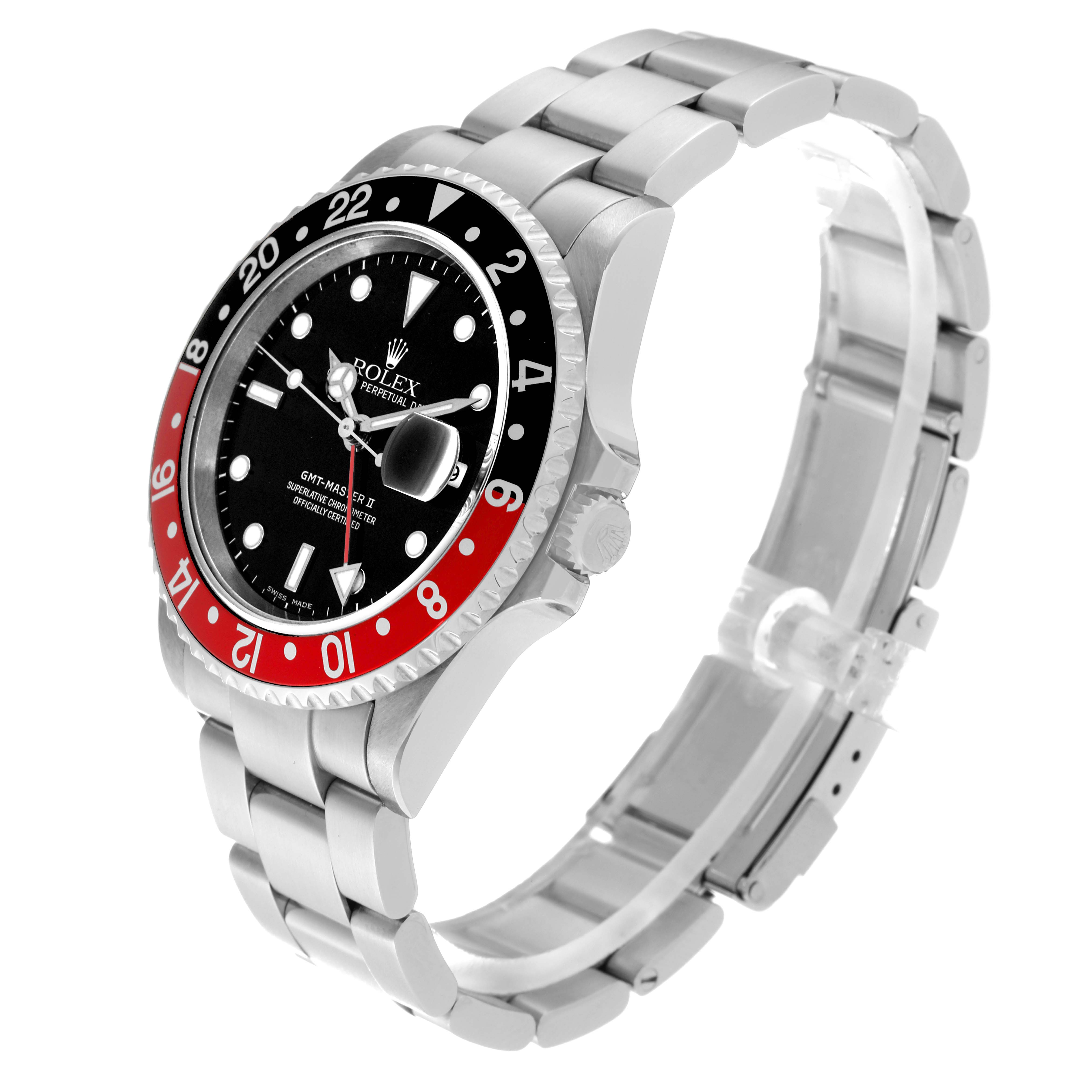 The Rolex GMT-Master 16710 Men
s Stainless Steel Black Dial 16710 Men
s Stainless Steel Black Dial watch is shown at an angle, highlighting the bezel, dial, bracelet, and crown.