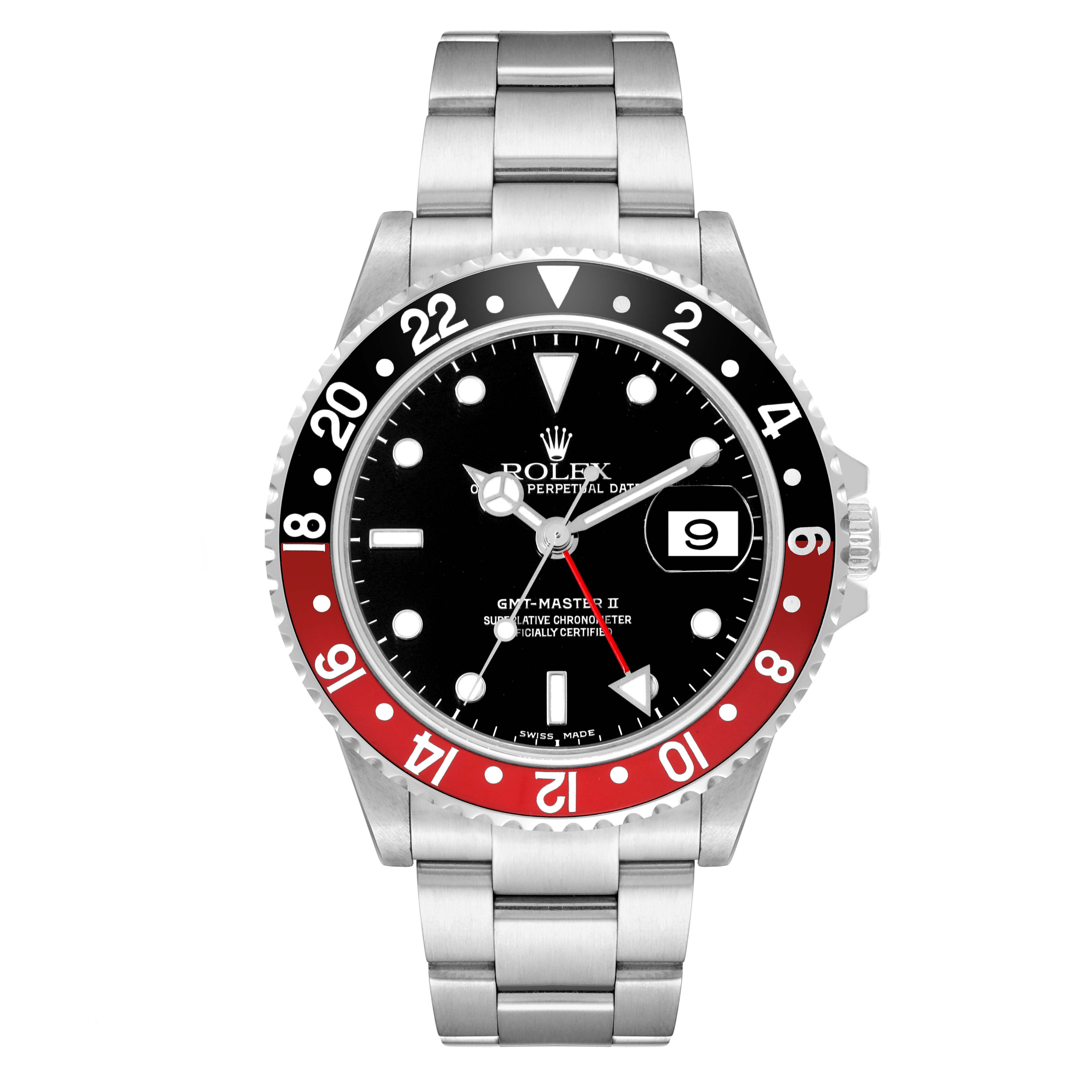 This is a frontal view of the Rolex GMT-Master 16710 Men
s Stainless Steel Black Dial 16710 Men
s Stainless Steel Black Dial II watch, showcasing its bezel, dial, date window, and bracelet.