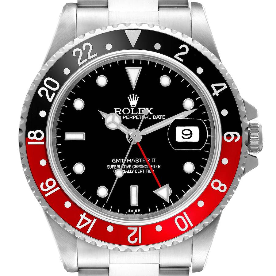 The image shows a front view of the Rolex GMT-Master II watch, featuring its black and red bezel and date window.